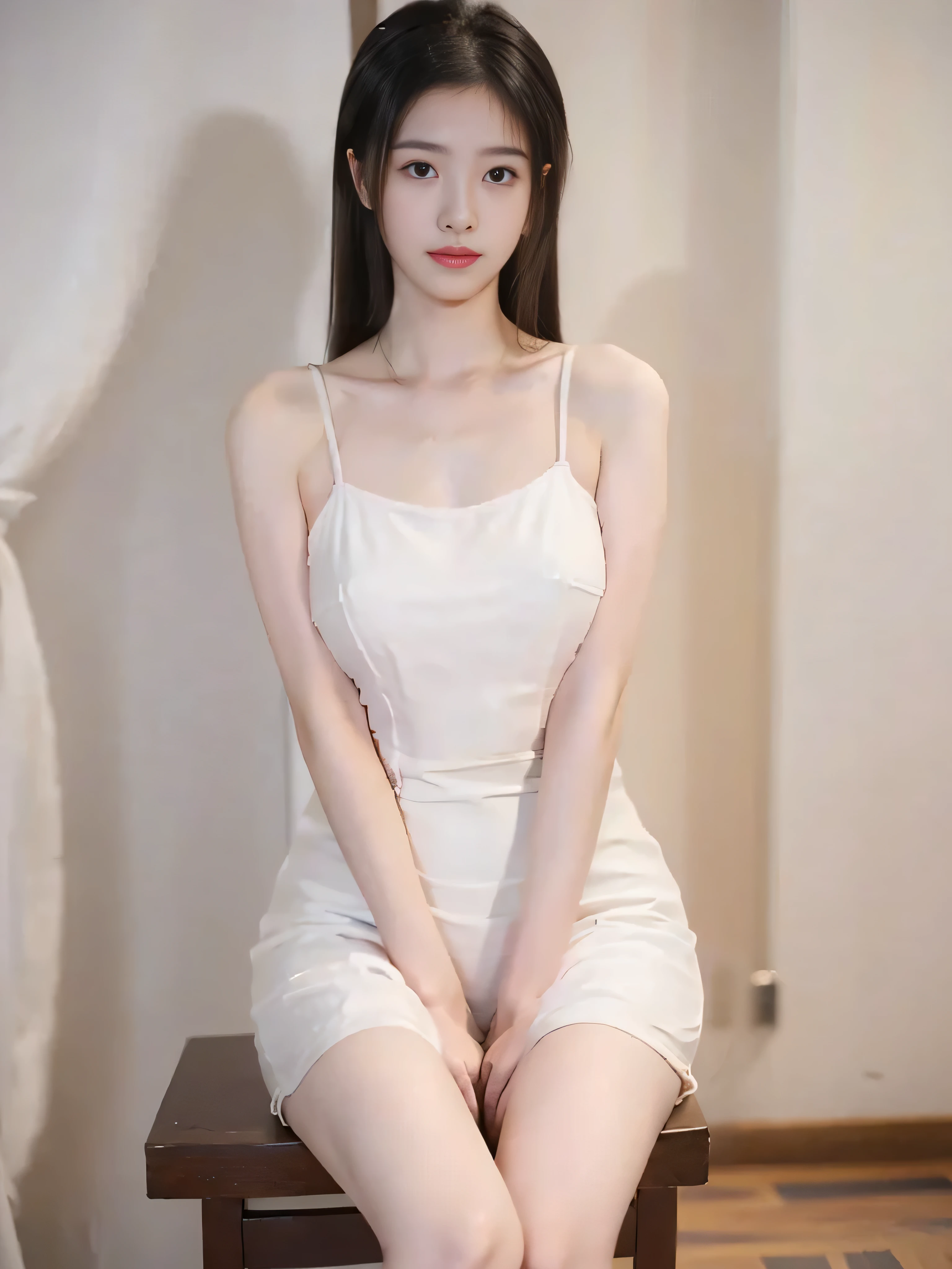   a pretty girl ， Medium length hair， very plump breasts ，A beautiful girl with a clear body outline ， simple background，Sitting