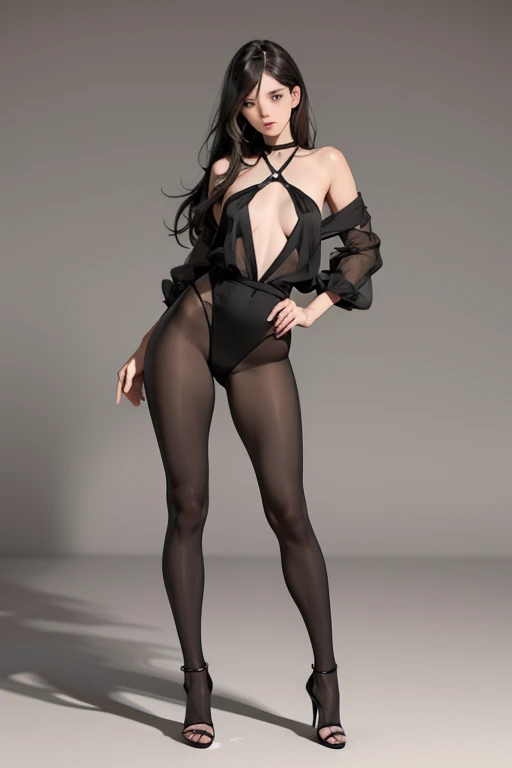 Nena pechugona sexy, full body portrait ,bodysuit slingshot diminuto negro, escote, ajustado al cuerpo de high resolution 12k gotich makeup , detallado perfecto