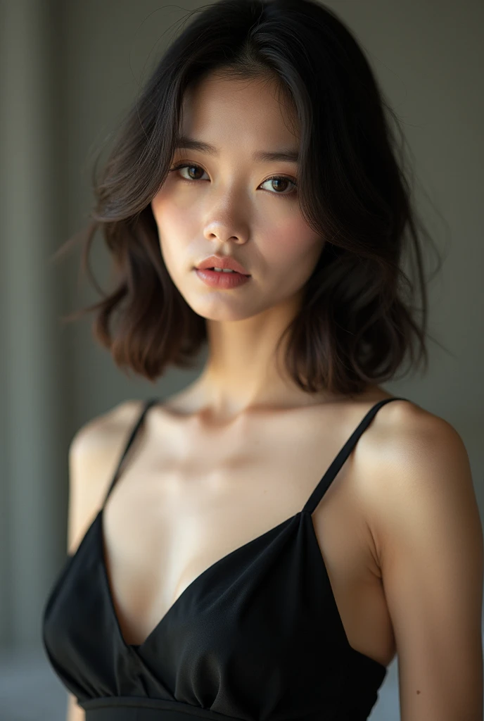 photoshoot, photo studio, RAW photo, editorial photograph, film stock photograph, cinematic, posing, amateur photo, full body portrait, analog, raw, f2, 35mm, an (amateur photo), flash photography, taken on an old camera, polaroid, 8k, highly detailed, (high quality, best quality:1.3), Extremely high-resolution, film grain, long (waist-length:1.2) combed black hair, ((macro lens)), dark atmosphere, ((focused on face and eyes)), dark brown eyes, small asian eyes, feminine expressions, photography, dslr, 35mm, Fujifilm Superia Premium 400, Nikon D850 film stock photograph, Kodak Portra 400 f1.6 lens, 8k, UHD, chinese face, white pale skin, milk pale skin,
