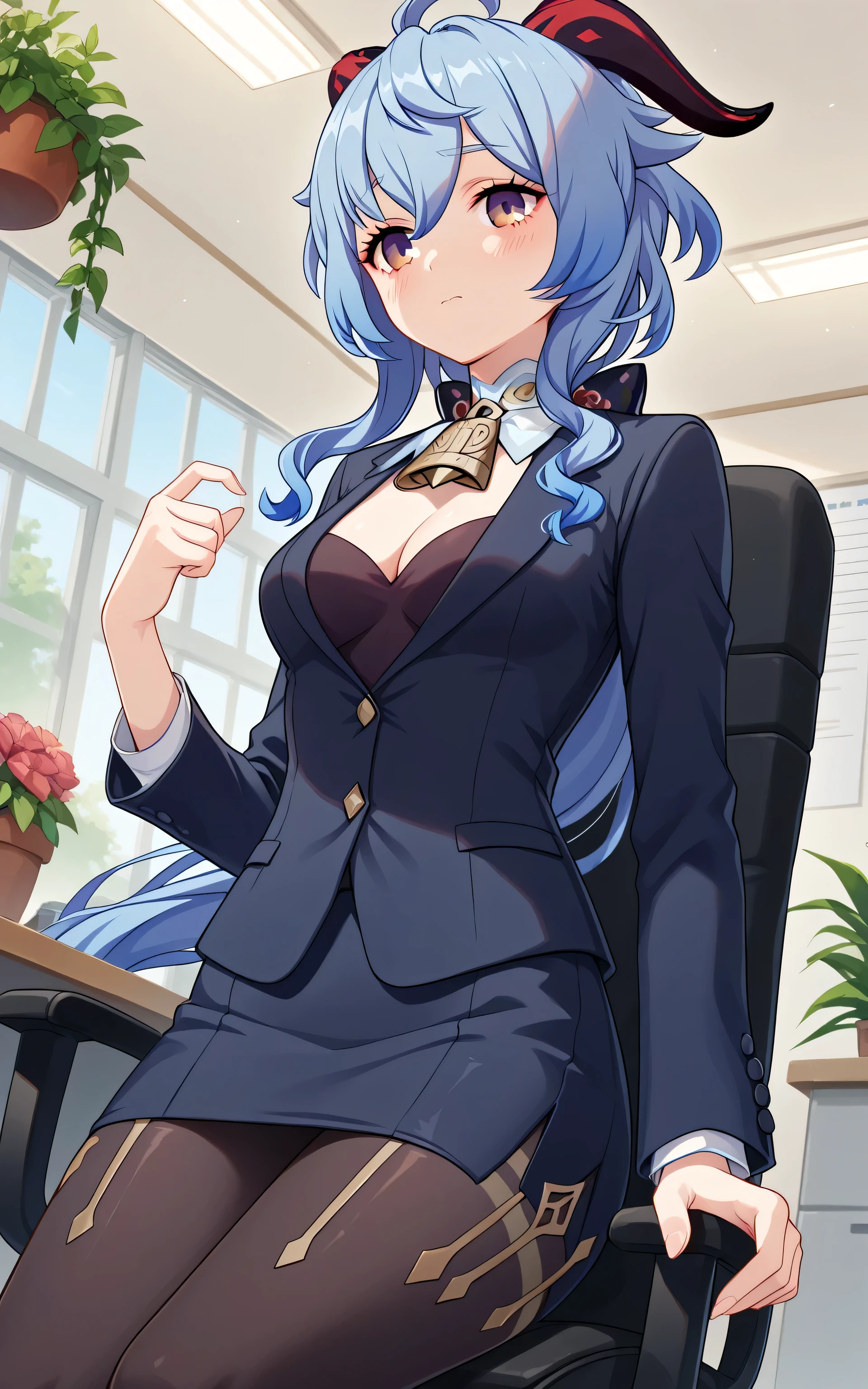 upper body, Ganyu, Random Sexy pose , ((Ultra detailing)), (very aesthetic, best quality, ultra detailed), intricate details,
1girl, sharp jawline, Long hair, shy,  Blush , medium breast, (wearing Wearing  Blazer, shirt,, choker, Skirt, Pantyhose,  Cleavage), Garden, office, sit down on office chair, Low angle view, 