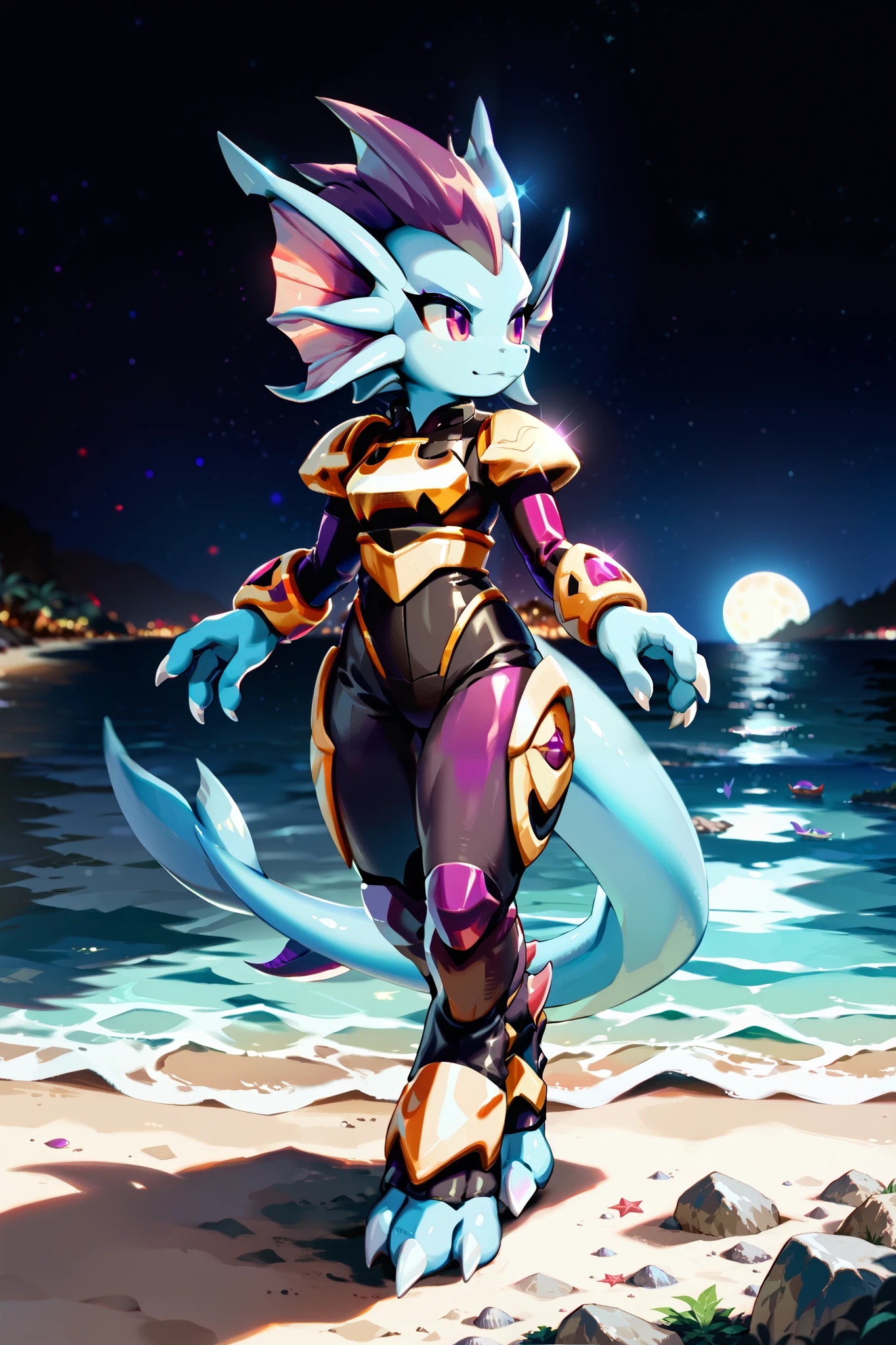 Anime, ((anime style)), solo drawing, solo ((walking at a beach at night)), ((night sky)), ((star filled sky)), ((vivid purple eyes)), ((draconic ear fins)), ((head fin)), ((tall figure)), ((blank expression)), ((digitigrade legs)), ((digitigrade feet with four toes)), ((highly detailed anime style)), clean lines, claws, Merga from freedom planet 2, female, light armor, blue skin, black armor with gold trim, white claws, short muzzle, leg armor, ankle armor,  black leggings under armor