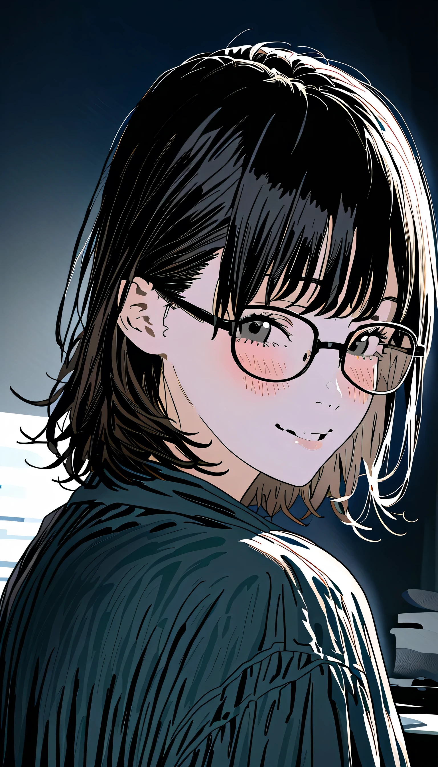 (RAW photo, best quality), black and white picture,1girl, 20 years old woman, cute girl, smiling, high quality, (high detailed skin:1.4), puffy eyes, glasses, gorgeous hair, (dark room:1.3), (rim lighting:1.3), (dimly lit:1.3), (dark night:1.3), indoors, portrait, black hair, dark background, short hair, wolf cut hair, wolf haircut, wavy hair, messy hair, looking at viewer, cowboy shot, blush
