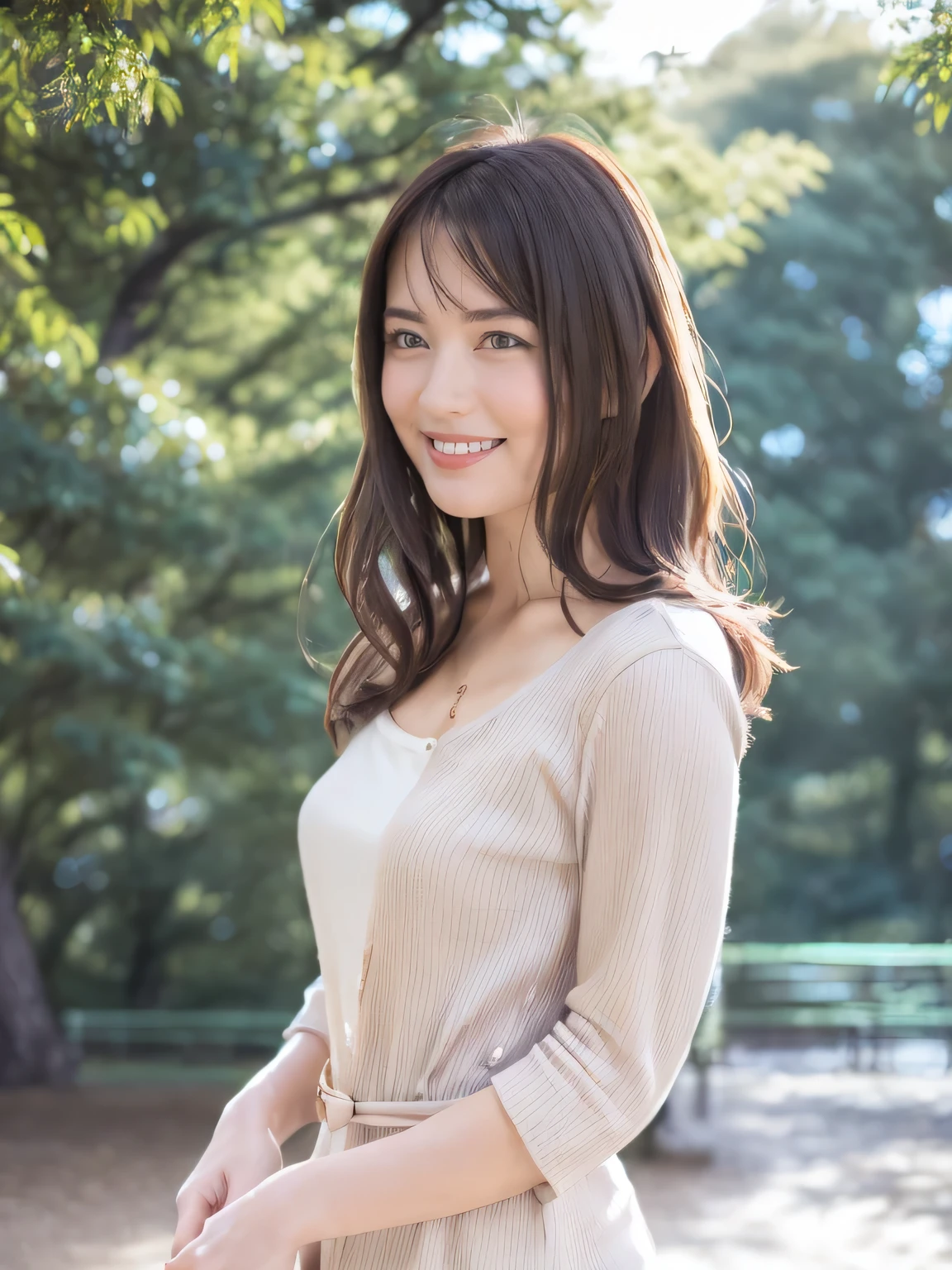 1 Japanese lady, 40 years old, Extremely beautiful, (Extremely cute), (extremely detailed beautiful face), Amazing face and eyes, rather dense hair, various hair style, slightly brighter eyes, normal makeup, (Mini dress with camisole), (Best Quality:1.4), (Ultra-detailed), extremely detailed CG unified 8k wallpaper, A hyper-realistic, (Photorealsitic:1.4), Raw photography, professional photograpy, Cinematic lighting, Realistic portrait, ((Bokeh)), (depth of fields:1.4), (View photographer:1.3), (in a Park with a pond), Small breasts, extremely thin waist, (full body Esbian), Accurate eyes, Beautiful mouth, (Keep your mouth completely closed), (early evening:1.3), (look at a camera), (brilliant sunset:1.25), no sleeves, Melancholy look