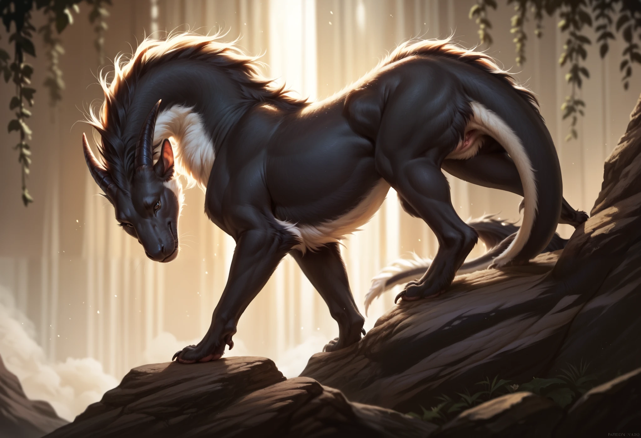 solo, feral, Furry girl with short hair,, with white black fur, black legs with white fur, dragon tail mixed with a white fur , one completely black eye and the other normal, horns, seductive pose, detailed background