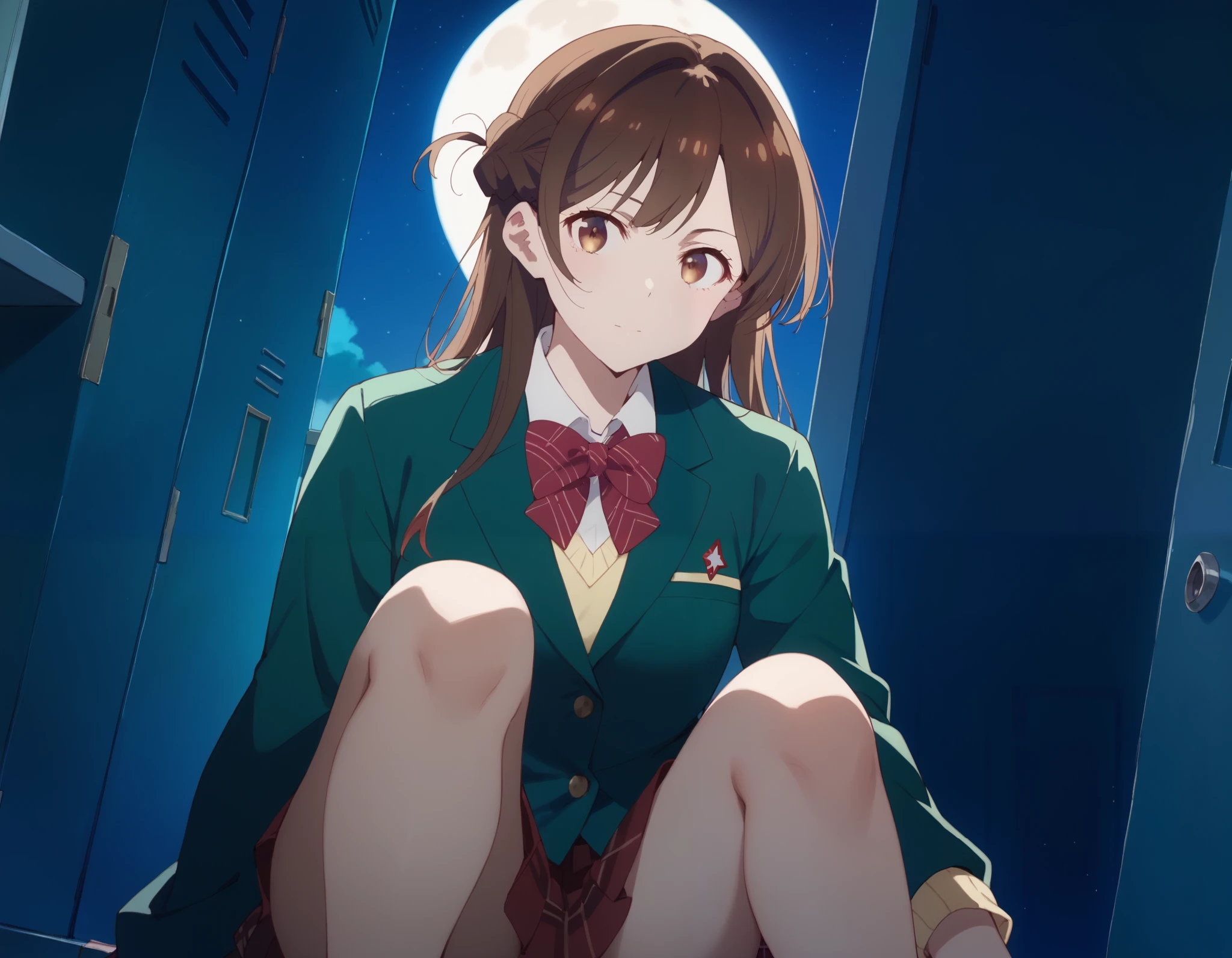 and stare at the viewer, Alone, Chizuru Ichinose, 1 girl, brown hair, long hair, French Braid , brown eyes, school uniform , green jacket, yellow sweater , bow tie, plaid skirt that breaks small breasts, red skirt, Black Sox, In a completely dark room, locker, window_,Midnight circa 12:00 , Moon and Stars, close-up shot、Thick, puny thighs、 holding your knee