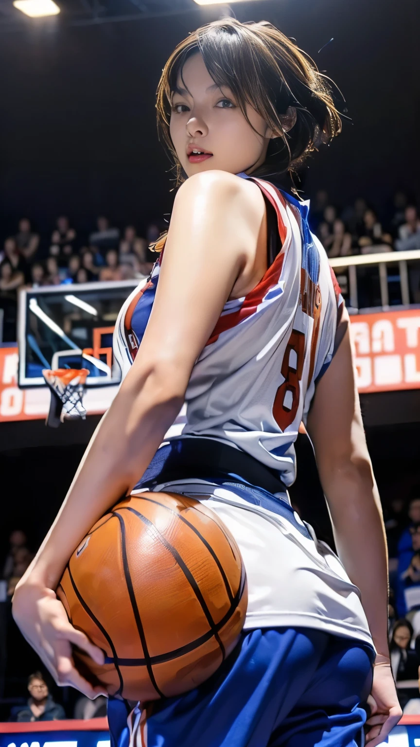 Beautiful brown skin woman, she has brunette layered short hair, she is wearing basketball jersey, she is a basketball player, she is posing for photographs with the basketball, thick thighs, big butt
