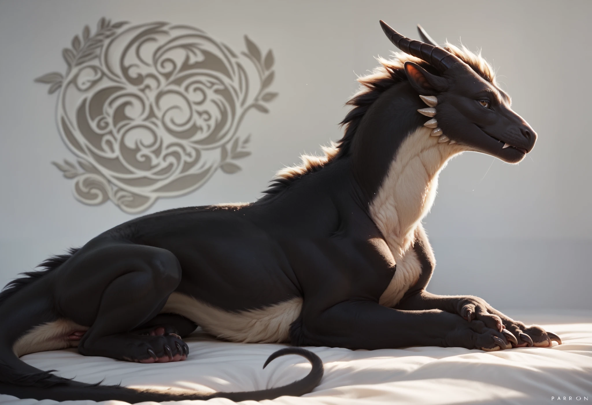 solo, feral, Furry girl with short hair,, with white black fur, black legs with white fur, dragon tail mixed with a white fur , one completely black eye and the other normal, horns, seductive pose, detailed background