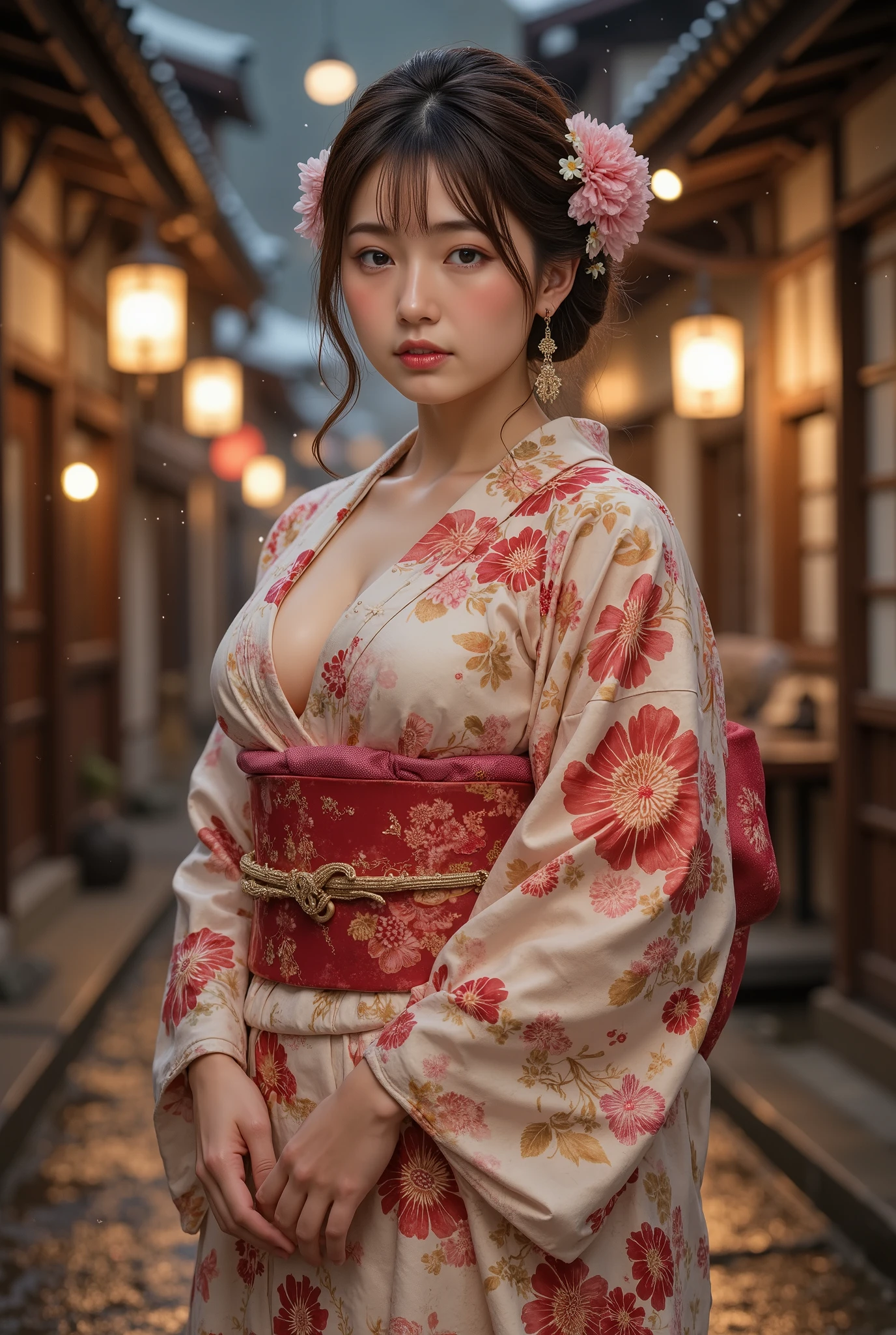 ( top quality, 8k, 32K, Masterpiece, ultra high resolution: 1.2), perfect anatomy for the lower abdomen, ( Photorealistic: 1.2), ( sharp concentration), Soft light, ( accurate anatomy), man penetrates a man , 1 girl, (cowboy shot: 1.5), sexyな遊女, cute face, 絶妙なジュエリーで飾られた美しく enchantingフィギュア , enchanting, sexy, erotic, beautiful face, detailed and perfect face , Round face, big, even eyes , Expiration Ratio, Big Breasts, slim waist, sexy thighs, Dynamic Poses , wearing sexy open kimono. (No.), A beautiful adult Japanese woman who accurately expresses the texture and intricate patterns of a kimono, Yoshiwara in the Edo Period, Yoshiwara at night , sensual atmosphere,