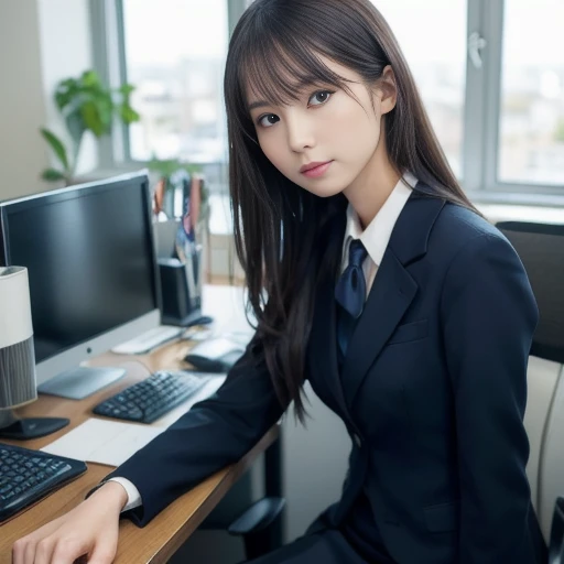 A woman sitting at an office desk, wearing a dark blue suit and skirt with a cream collar, her arms crossed.The composition is a head-to-knee shot.In the background is an orderly interior of an office, with computers and documents organized.The lighting is soft, with natural light coming in through the windows, giving an overall impression of professional sophistication, ((masterpiece)), ((best quality)), (ultra-detailed), ((beautiful eyes)), Japanese female, (slender:1.3), ((30 years old)), beautiful,
