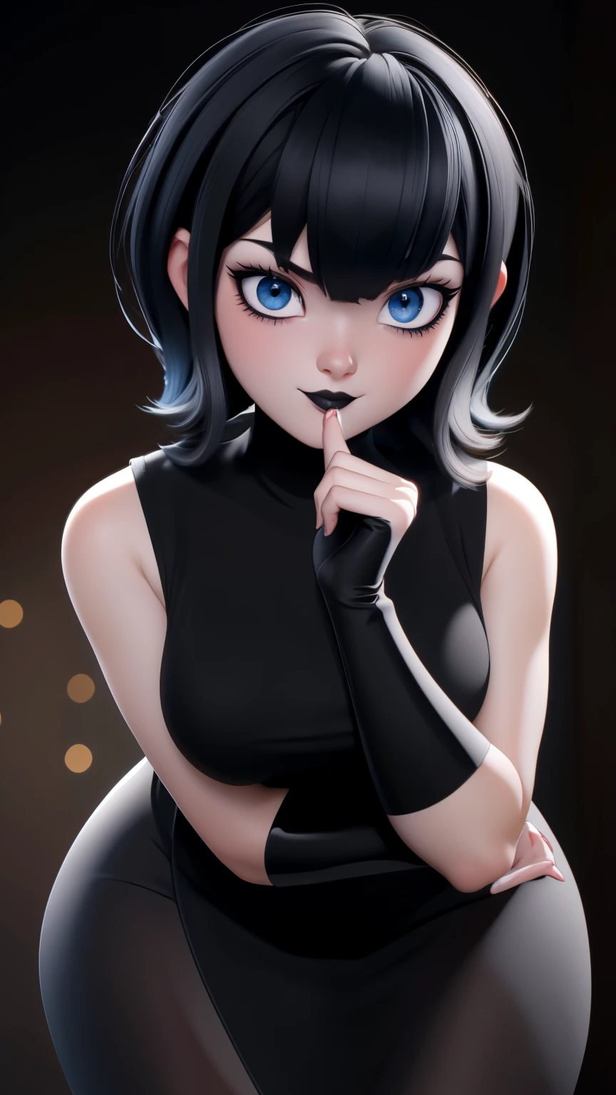 (best quality:1.4),(shiny skin), body focus, (cute face), (((best quality))), illustration, ((Beautiful Finger)), , Beautiful body, Beautiful character design, ,perfect lighting, Colorful, Bright_Front_face_Lighting, ultra high res, highres, absurdres:1.2, bokeh:1.2, lens flare, (vibrant_color:1.2), (thick thighs:1.1), THICK, Black hair with bangs, pale skin, large round blue eyes, black eyeliner, black lipstick, neutral expression, brown sleeveless dress