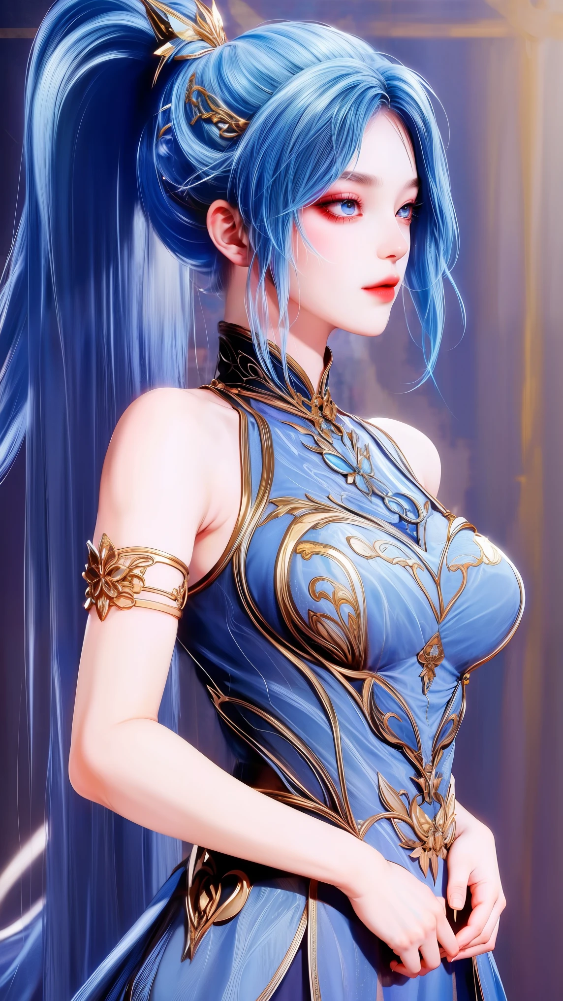 (masterpiece),(best quality:1.5),8k,absurdres,highres,
Xiaobai,1girl,solo, (short dress:1.3),breasts,closed mouth,(looking at viewer:1.5),long dress,pale skin,(side slit:1.2),
(sparkle:1.2),(glitter:1.1),(sunlight:1.2),slim legs,high heels,wind lift, (upper body:1.5), (standing:1.5), (Bare shoulders:1.3), long hair,
blue eyes,
hair ornaments,
(blue hair),
upper body,
(ponytail:1.3), braid, steel, lips,(blue dress:1.3), armor,