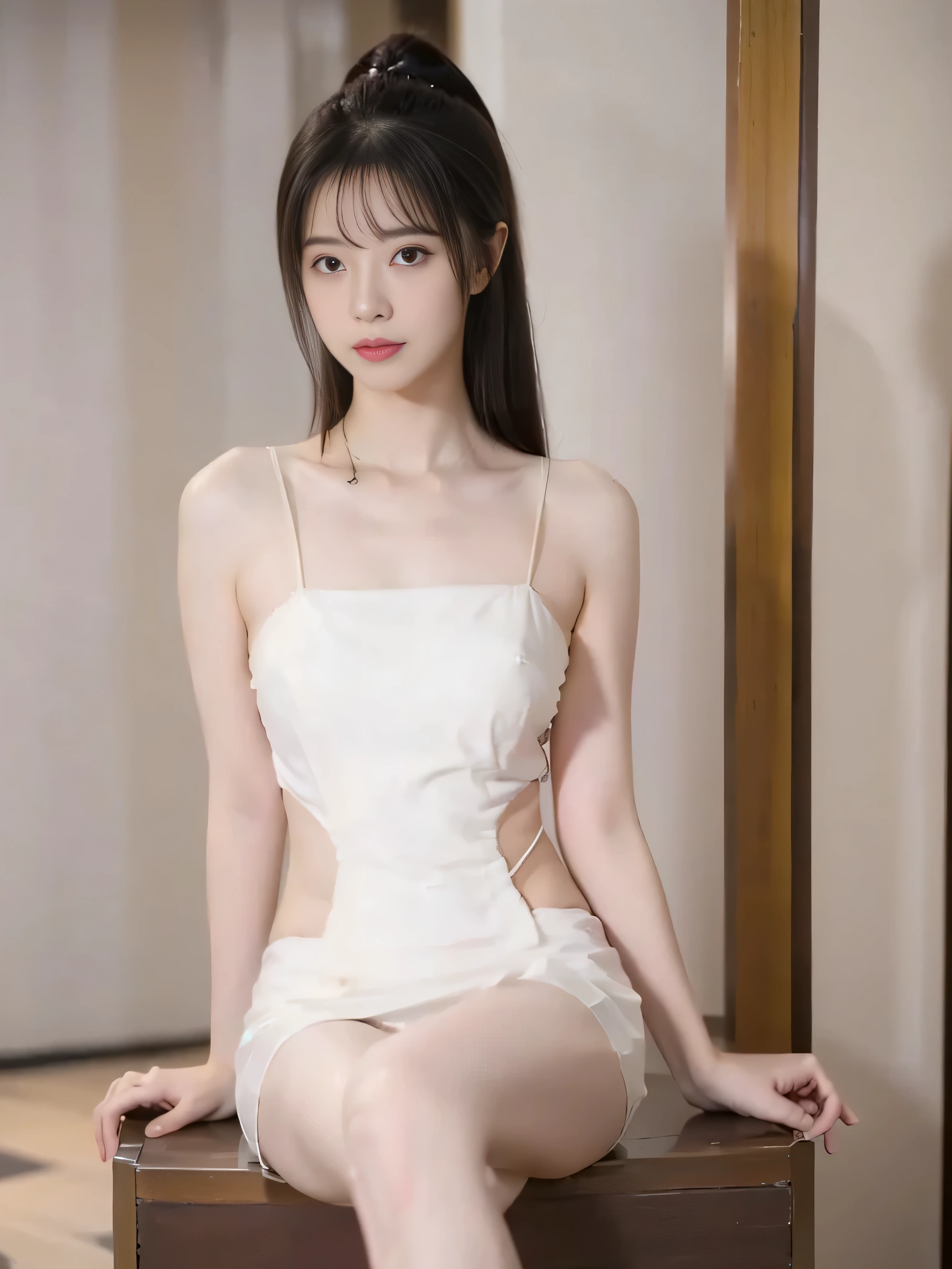   a pretty girl ， Medium length hair， very plump breasts ，A beautiful girl with a clear body outline ， simple background，Sitting