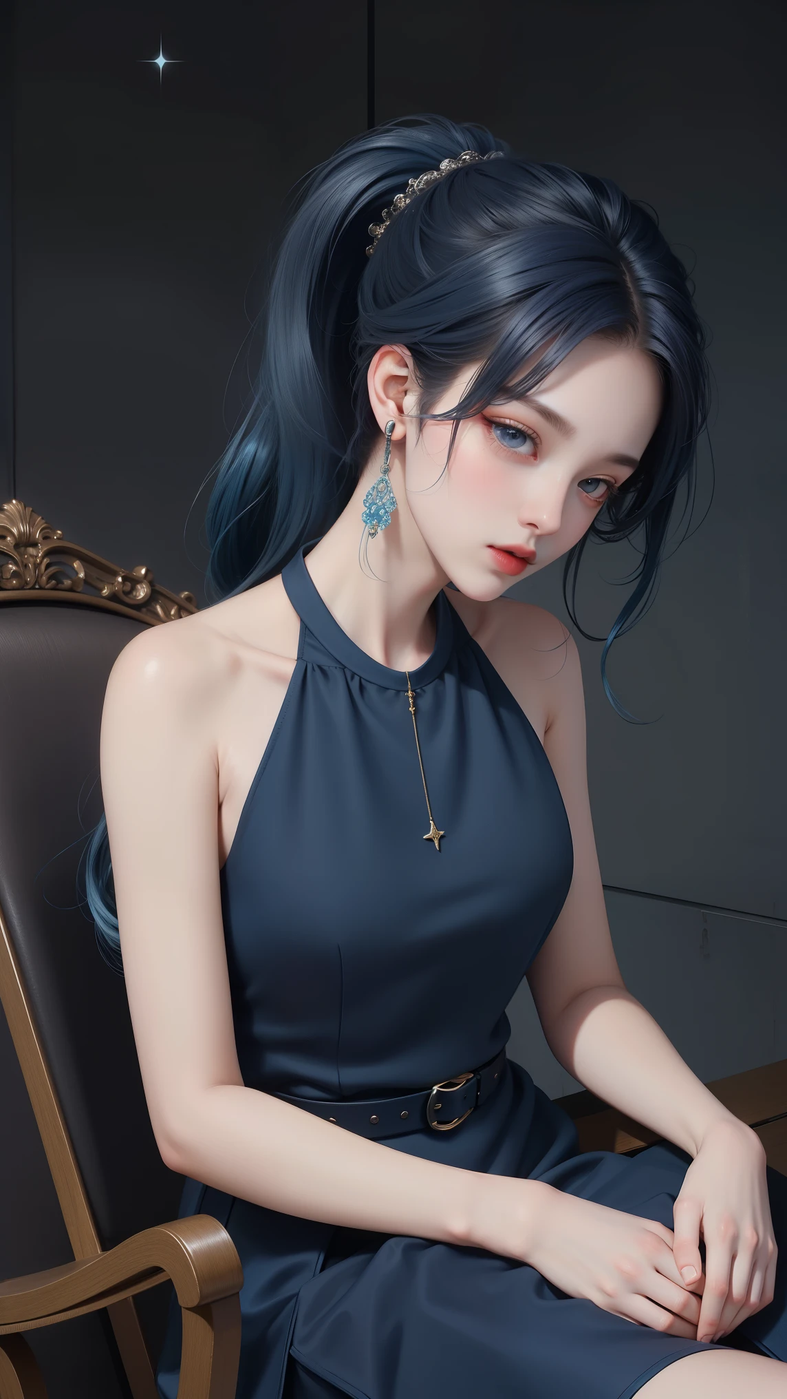 (masterpiece),(best quality:1.5),8k,absurdres,highres,
Xiaobai,1girl,solo, (short dress:1.3),breasts,closed mouth,(looking at viewer:1.5),long dress,pale skin,(side slit:1.2),
(sparkle:1.2),(glitter:1.1),(sunlight:1.2),slim legs,high heels,wind lift, (upper body:1.5), (sitting:1.5), (Bare shoulders:1.3), long hair,
blue eyes,
hair ornaments,
(blue hair),
upper body,
ponytail, braid, steel, lips,(Dark blue dress:1.3),