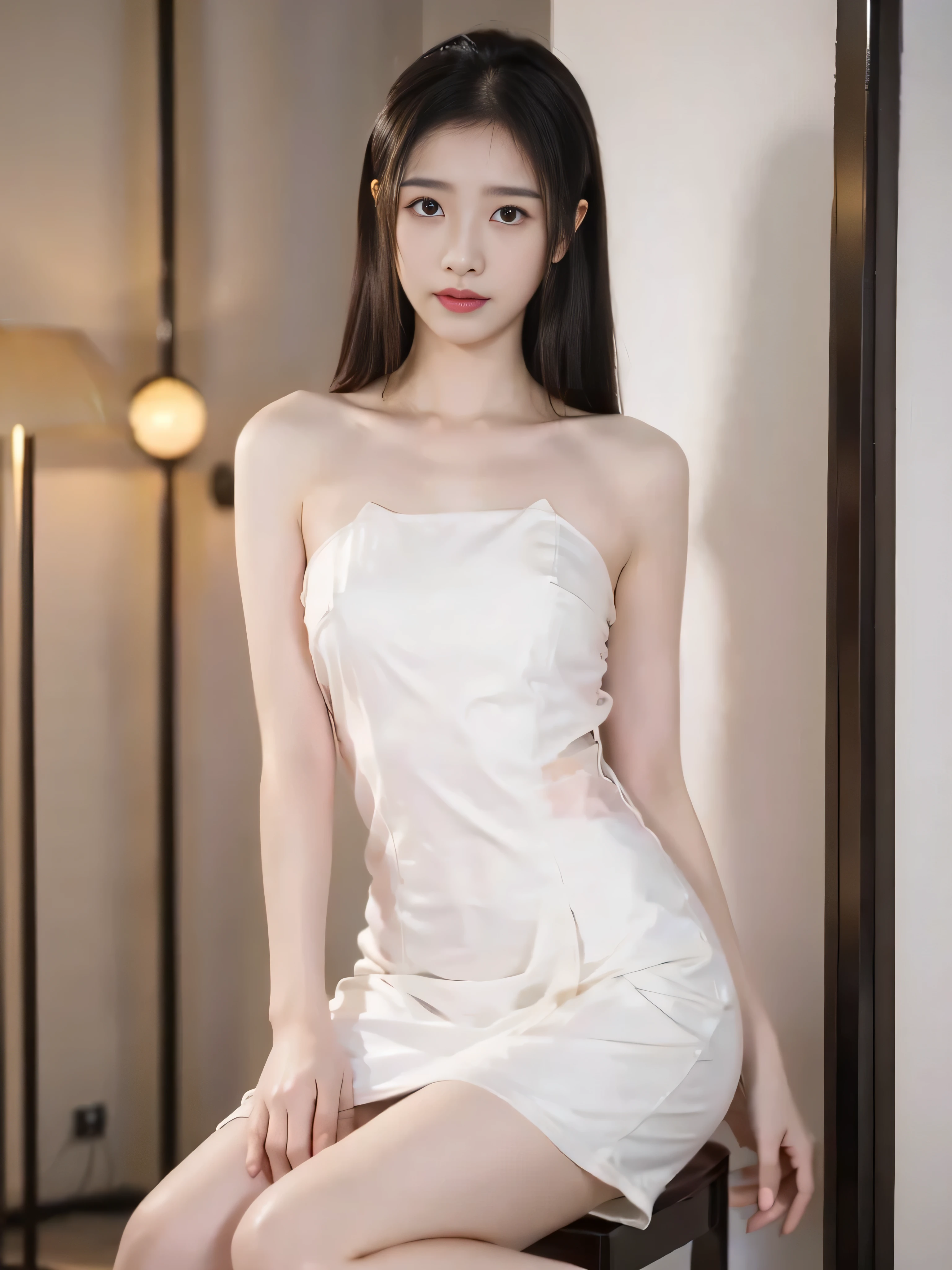 (top-quality,masterpiece,hight resolution、foco nítido、goddess of Japan)、(Good anatomy:1.3)、独奏,Young Face、Slender face、slender physique、from the front side、gazing at viewer、Looking at the camera、Silver dress,hair adornments,gargantilha,jewely,beautiful countenance,A smile:0.6,make realistic、 Candid camera, Background bokeh, At the hotel、(Spread legs:1.4)、(up skirt:1.3)、(Woman Pulling Up Skirt)、A smile:0.7、(Beautiful female genitalia、Emphasis on female genitalia、Woman pulling up her skirt to show off her genitals)、