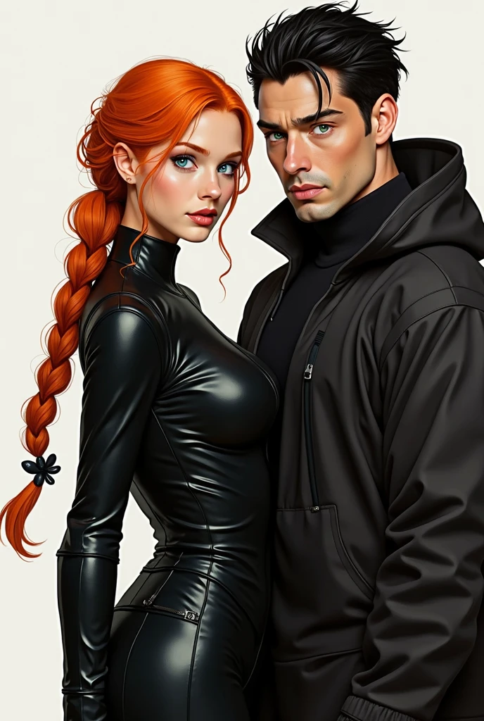 papa, Mom 14 year old brothers pose serious for photo orange hair elegant clothes black leather black