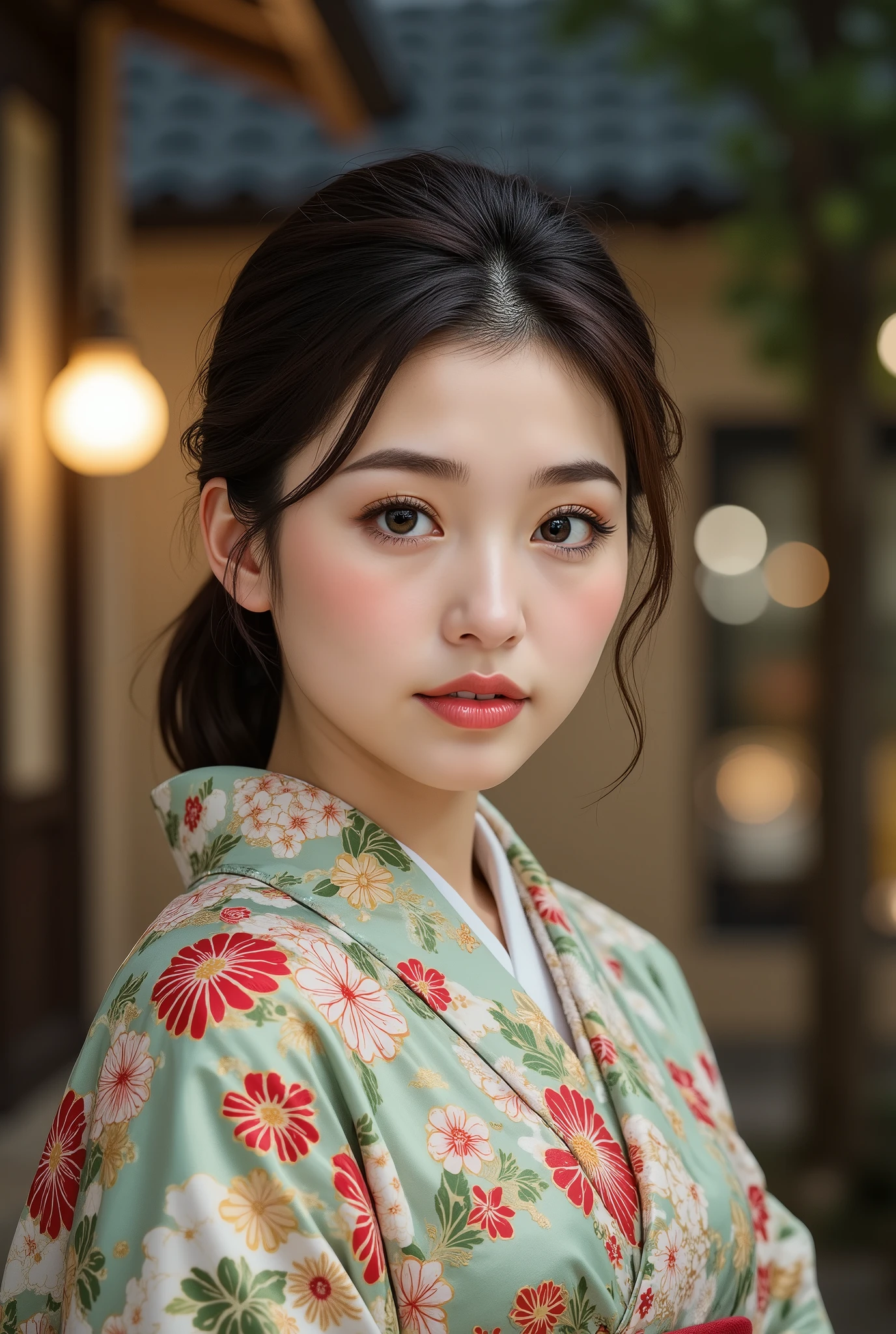best quality, masterpiece, super high resolution, beautiful Japanese girl, Kind Face, green eyes, kind smile, Curvy Body, big boobs, updo brown hair, Japanese female Cloth Outfit, Japanese kimono, In Old Japanese-style Room, night:1.2,