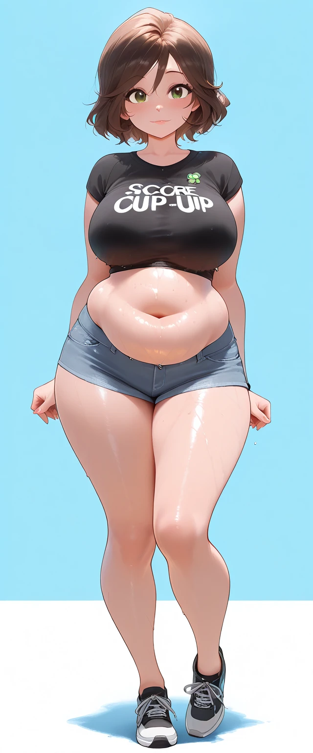 ((masterpiece)), (((best quality))), art by kipteitei, 1girl, solo, tanned skin, short white hair, white bikini, choker, red eyes, giant belly, hands on own belly