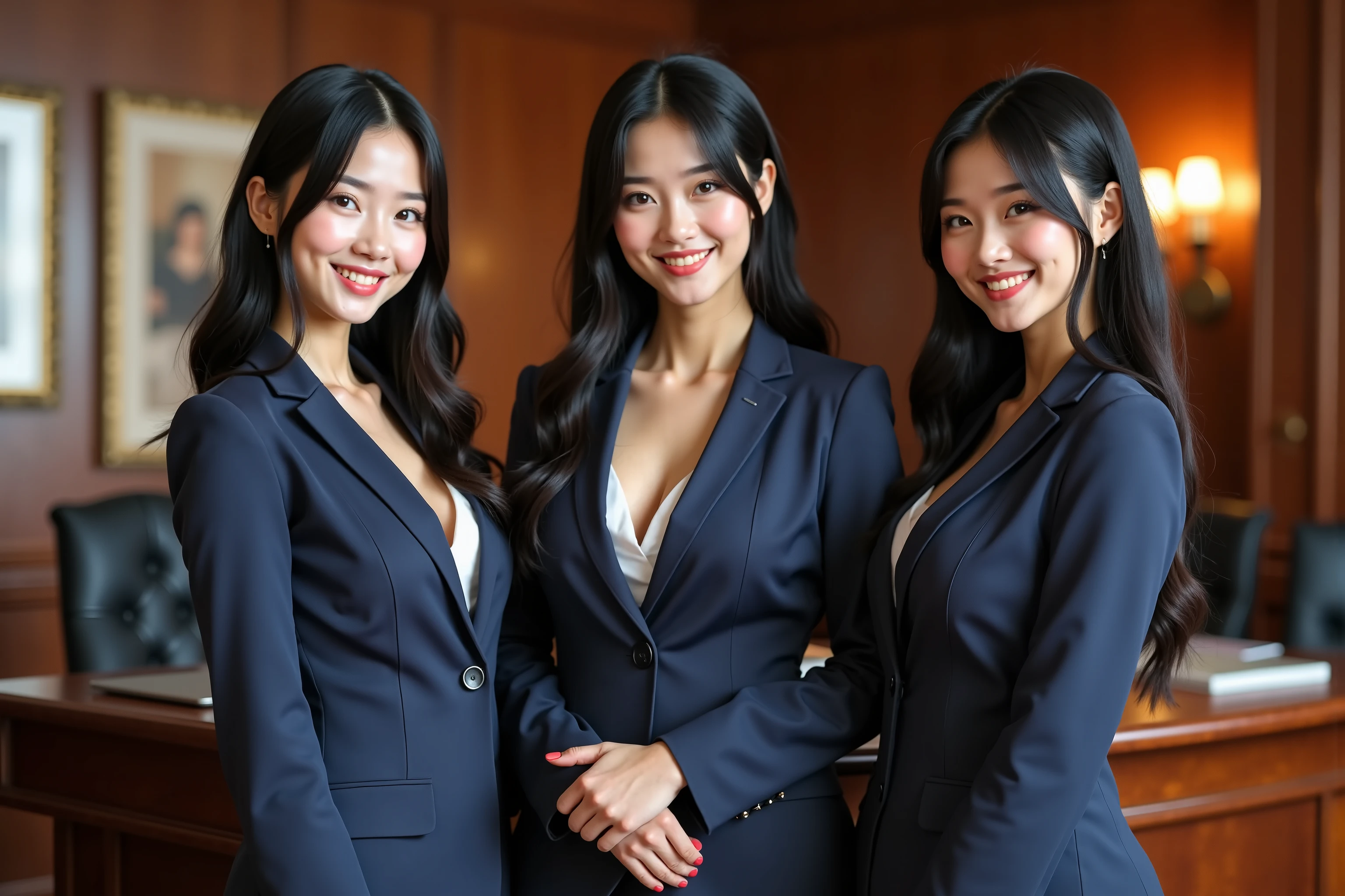 (Super Best masterpiece Raw Photography Art), (16k, best image quality, ultra high resolution, RAW photos ), (myself = Cloning girls, cute, smile, Super Big Breasts , full body depiction, standing, long straight hair, black hair, Suit-based casual office lady fashion), Office of the President's Secretary of a Large Company, (myself cloning girlsの分身, myself multiple girls)