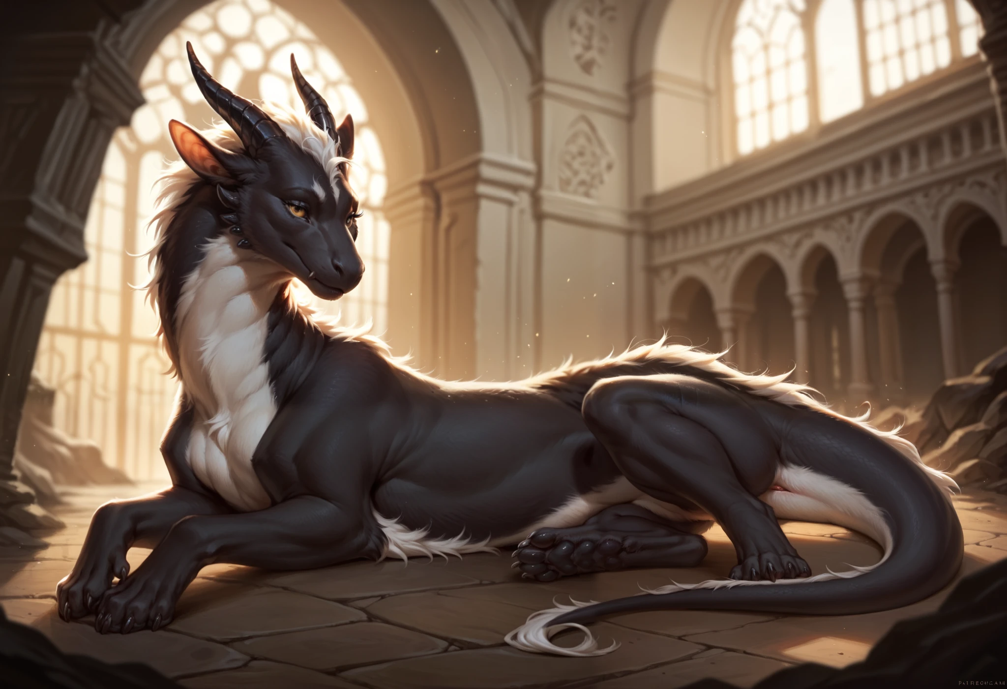 solo, feral, Furry girl with short hair,, with white black fur, black legs with white fur, dragon tail mixed with a white fur , one completely black eye and the other normal, horns, seductive pose, fantasy detailed background