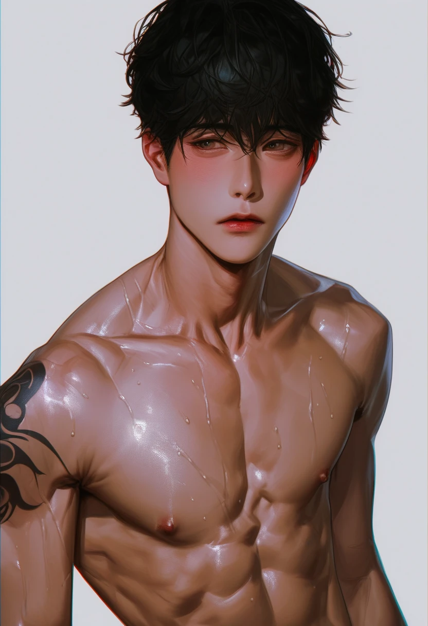 Asian man, white skin with tattoos on his body and black hair