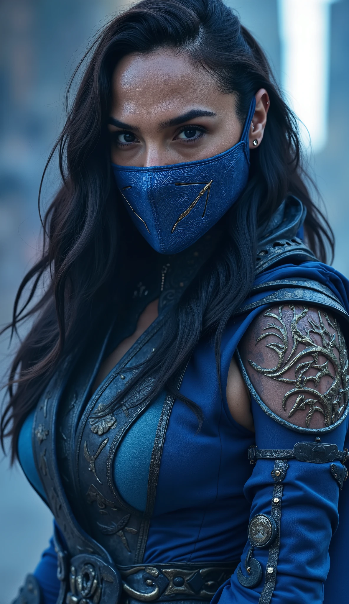 Gal Gadot emerges as the warrior Kitana in an impressive reinterpretation of the iconic character of *Mortal Kombat*. Wearing a deep blue ninja costume , made of elegant fabrics reinforced with metallic details , she exudes the perfect combination of grace and lethality . Her penetrating eyes shine behind the blue mask adorned with subtle patterns , hiding your expression, but revealing the determination of a warrior princess . Dark and long hair flows smoothly , framing her face with a real touch , while she embodies Hold your steel fans masterfully . Every move is accurate, charged with discipline and strength , reflecting years of training in martial arts . The aura around her vibrates with mystical energy , evoking the chopping winds of Edenia , her kingdom of origin . on the battlefield, her presence is as mesmerizing as it is lethal , imposing respect on allies and fear on enemies . with a firm posture and a determined look , Gal Gadot like Kitana represents the essence of warrior royalty : Beleza, honor and an unparalleled power .