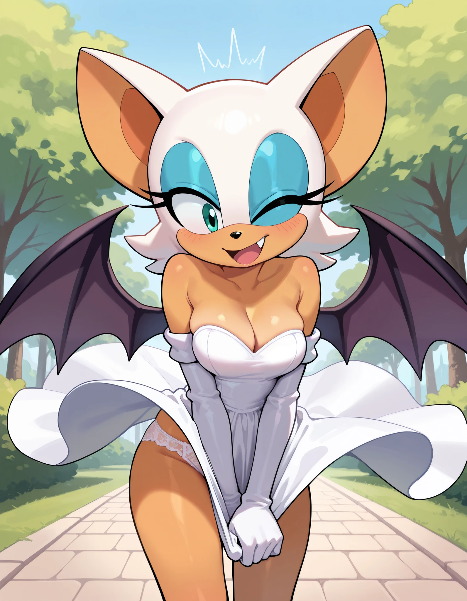 masterpiece, best quality, amazing quality, very aesthetic, absurdres, source furry, Rouge the bat, ((short body)), (one eye closed), cyan eyes, outdoors, looking at ground, open mouth, smile, surprised, Marilyn Monroe cosplay, white dress, dress tug, wind lift, white lace panties, white sleeve gloves, deep cleavage, medium breasts, standing, pose