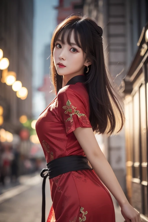 Chinese girl,25 years old,Double ponytail black,cute face,long shot,collar,whole body,Medium Length Wavy Pink Hair,Large earrings,Small bag,red shirt,mini skirt,night light,City,photography,Surrounded by neon-lit reflections of the Cityscape, depth of field,night, Cyberpunk aesthetics, Highly detailed lighting, dramatic, 8K, high detail, Texture, Realistic skin texture, armor, best quality, high resolution, Realism