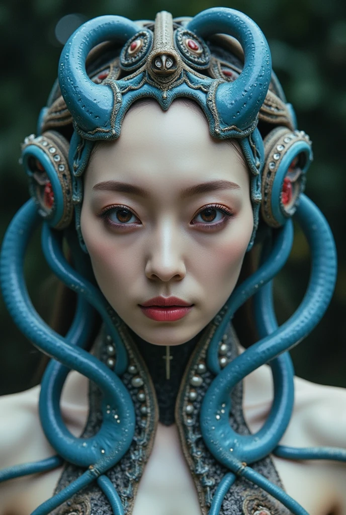 black long straight hair, (Young 19 yo teens, ChineseGirl), Skinny, sport, Petite, ((Full lips with red lipstick, Pink geisha blush, Style eyeliner, mascara, eyeshadow makeup)), Sexy, ((Very large tentacle horns wrapped around her)) Emerges from a round black meteoroid covered in shiny slime,In a foggy landscape of volumetric alien tentacles