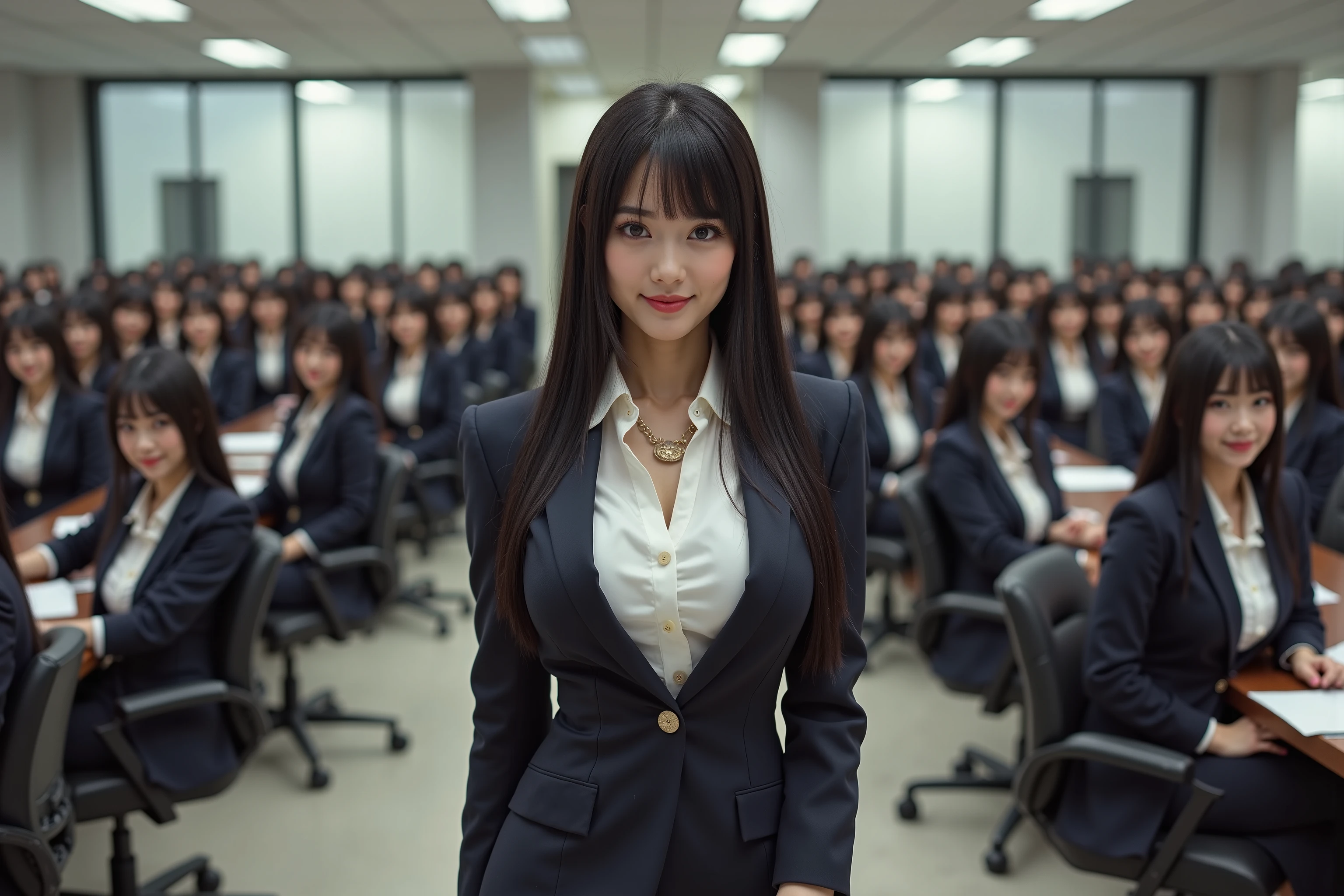 (Super Best masterpiece Raw Photography Art), (16k, best image quality, ultra high resolution, RAW photos ), (myself = Cloning girls, cute, smile, Super Big Breasts , full body depiction, long straight hair, black hair, Suit-based casual office lady fashion), The office of the president's secretary of a large company is large, desk work with PC, reception, myself cloning girlsの分身, A large number of tasks are shared using alter egos