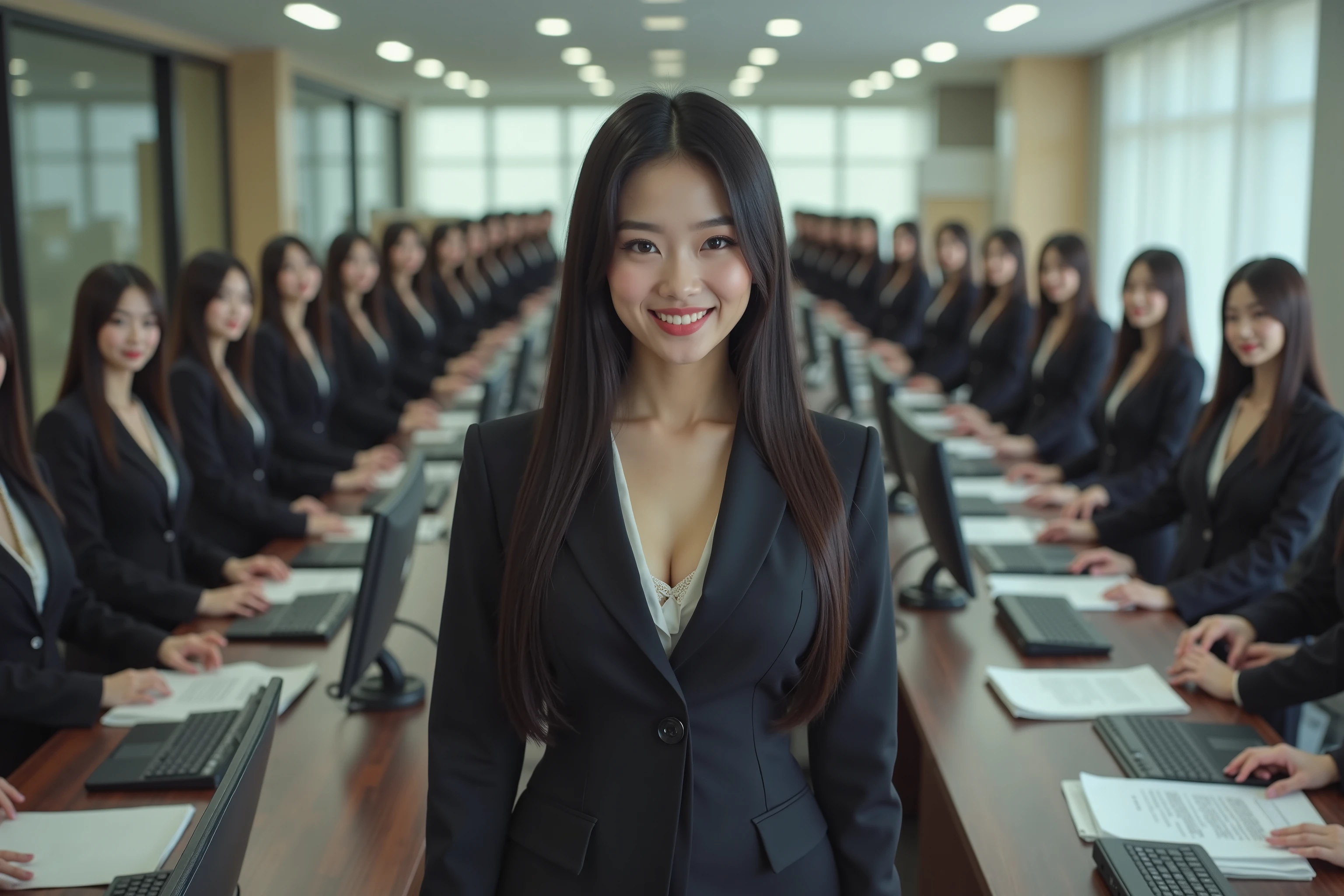 (Super Best masterpiece Raw Photography Art), (16k, best image quality, ultra high resolution, RAW photos ), (myself = Cloning girls, cute, smile, Super Big Breasts , full body depiction, long straight hair, black hair, Suit-based casual office lady fashion), The office of the president's secretary of a large company is large, desk work with PC, reception, myself cloning girlsの分身, A large number of tasks are shared using alter egos