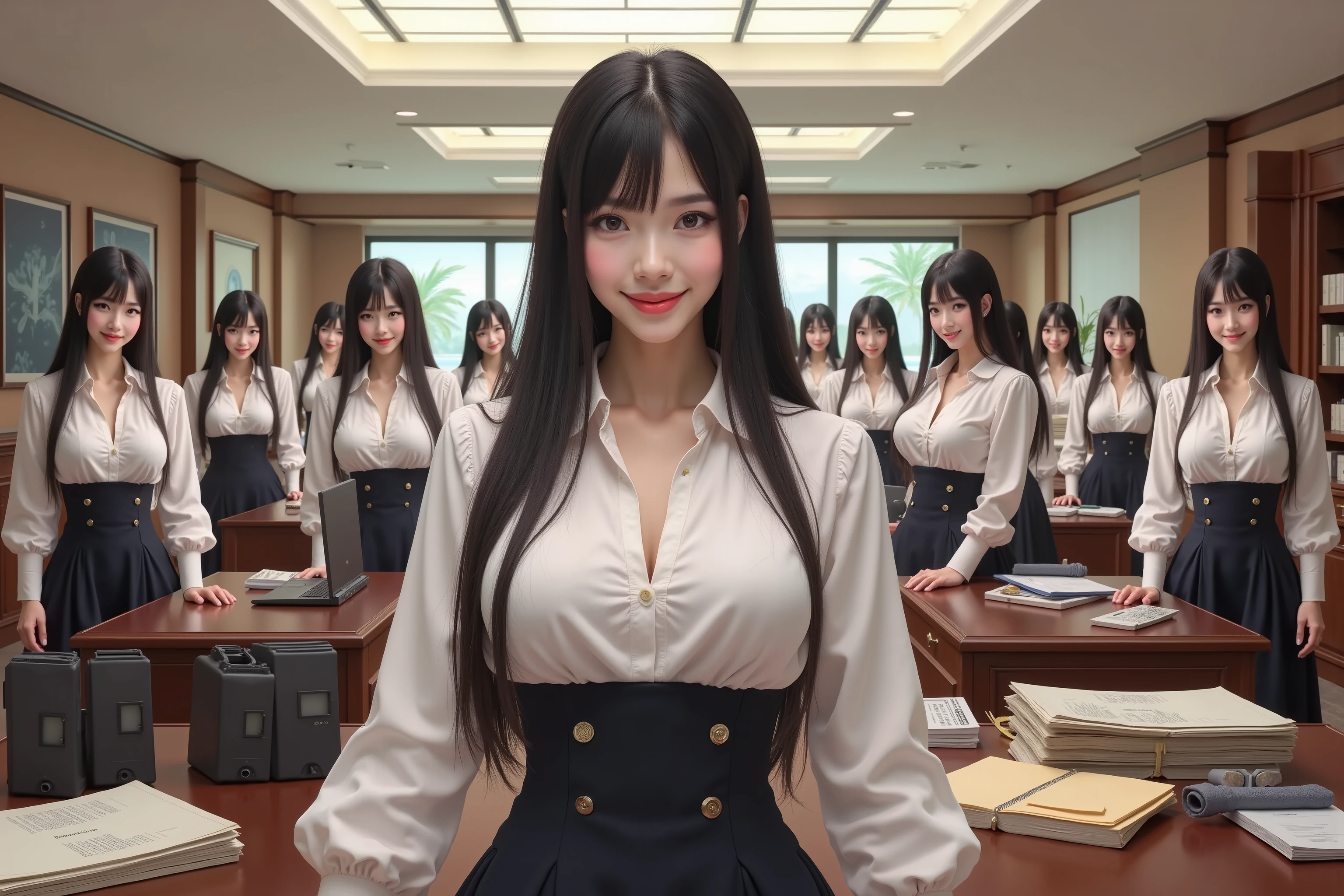 (Super Best masterpiece Raw Photography Art), (16k, best image quality, ultra high resolution, RAW photos ), (myself = Cloning girls, cute, smile, Super Big Breasts , full body depiction, long straight hair, black hair, Suit-based casual office lady fashion), The office of the president's secretary of a large company is large, desk work with PC, reception, myself cloning girlsの分身, A large number of tasks are shared using alter egos