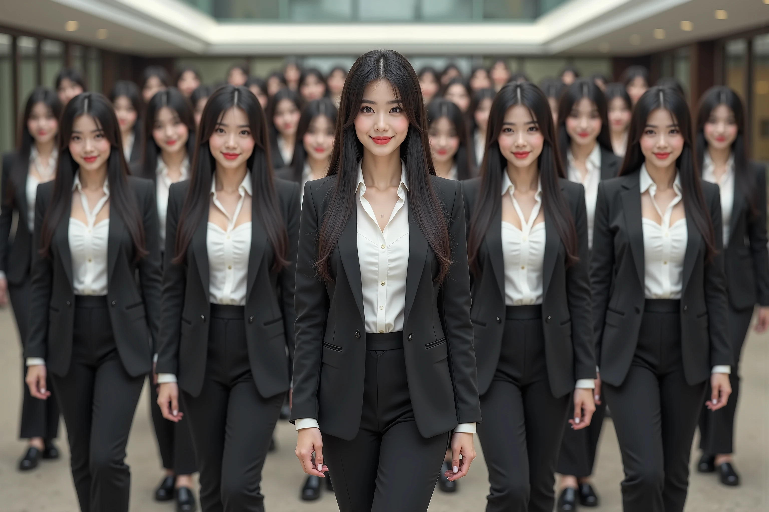 (Super Best masterpiece Raw Photography Art), (16k, best image quality, ultra high resolution, RAW photos ), (myself = Cloning girls, cute, smile, Super Big Breasts , full body depiction, long straight hair, black hair, Suit-based casual office lady fashion), The office of the president's secretary of a large company is large, desk work with PC, reception, myself cloning girlsの分身, A large number of tasks are shared using alter egos