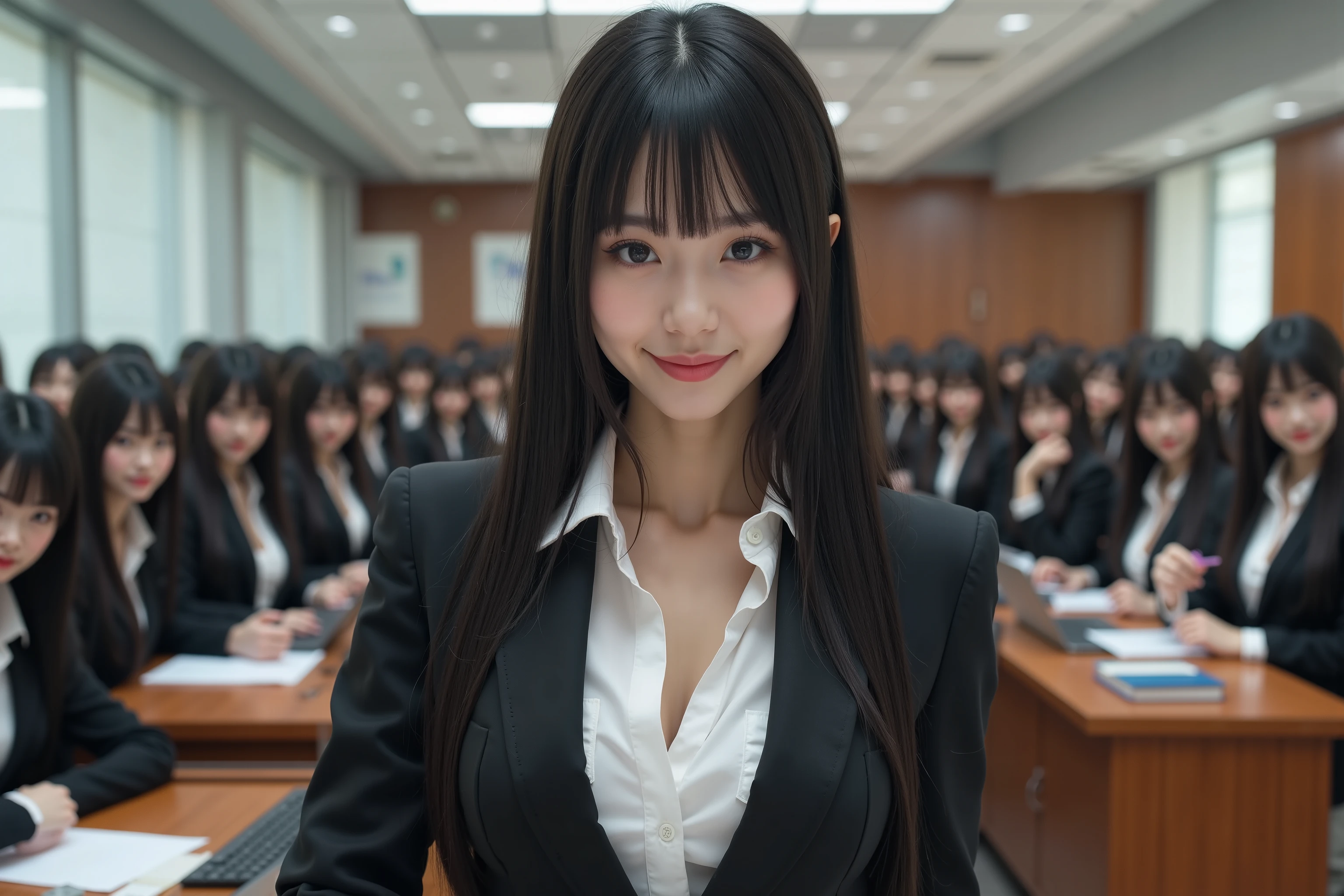 (Super Best masterpiece Raw Photography Art), (16k, best image quality, ultra high resolution, RAW photos ), (myself = Cloning girls, cute, smile, Super Big Breasts , full body depiction, long straight hair, black hair, Suit-based casual office lady fashion), The office of the president's secretary of a large company is large, desk work with PC, reception, myself cloning girlsの分身, A large number of tasks are shared using alter egos