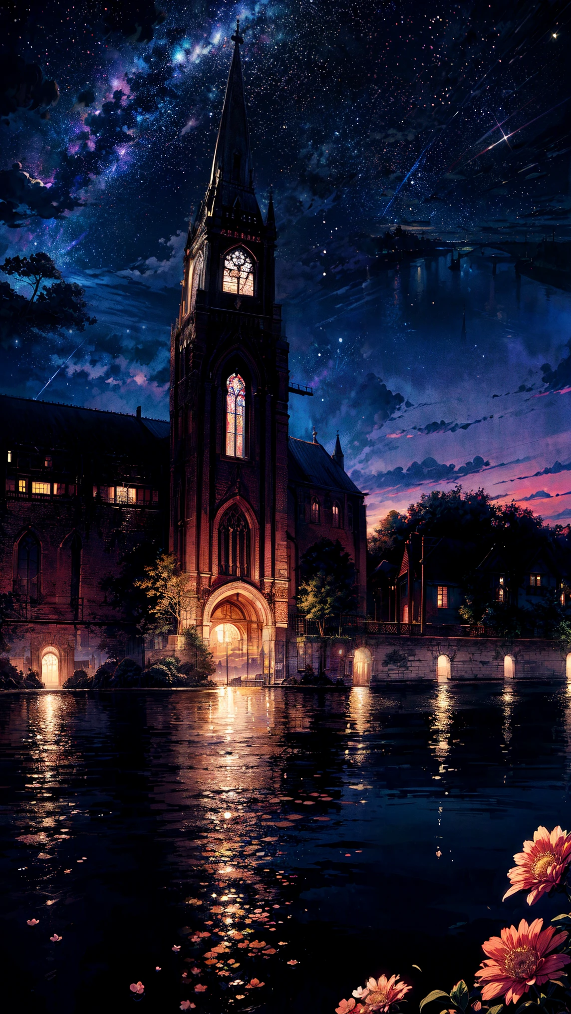 "(anime illustration), (digital illustration) (masterpiece:1.2) a balcony, viewed from behind, overlooking a night-lit city by a river.lding, Busy Town Road, free street, Waste , Nostalgia, ultra high quality , highly detailed , Retro filter, (by sakamichan:1.4),ghibli studio style, (by artgerm:1.3), (by wlop:1.3), (by james zapata), some hanging plant on the top of the shop, Some various colorful flowers with plants, The scene includes a starry sky, warm reflections on the water, and a distant church spire. Use a dreamy, surreal style with impressionist influences. no human