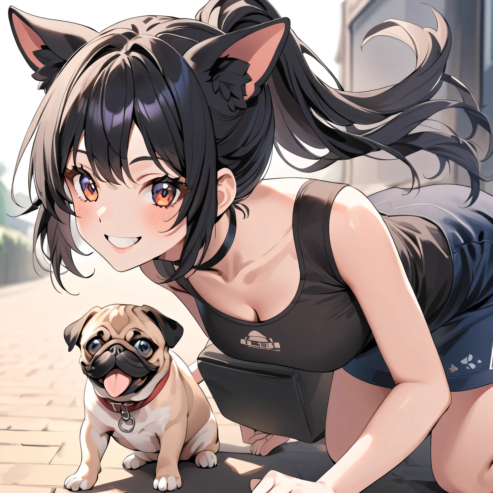 Age 19，                         Women with dog ears ，   Very black hair，                 ponytail，                       black ear                                 ， smile，          Anime Images，     that dog is a pug ，   Women also have dog ears   ， Women with dog ears   ，  Women have dog ears on their heads ，skate
