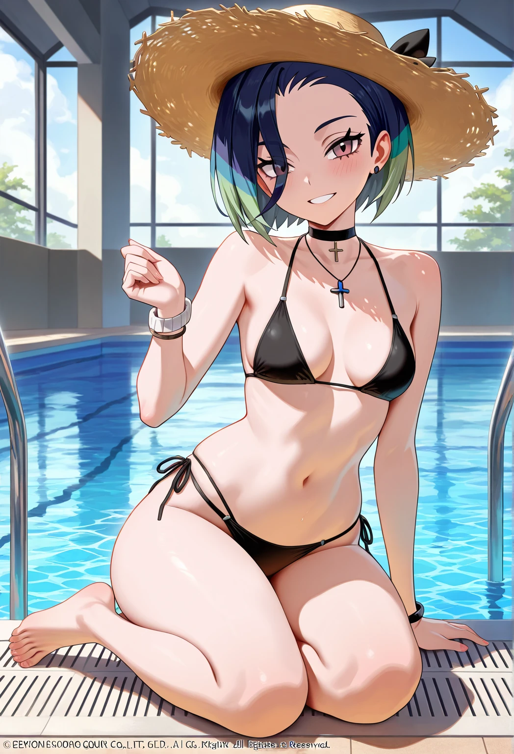Floral bikini、Sexy bikini、Random pose、Floral bikini、Yellow floral bikini、Light purple hair、Semi-long hair、Random pose、School swimming pool、Blushing、Embarrassed expression、、Pale purple eyes、、Blushing、lipstick、Perfect hands、Detailed hands、