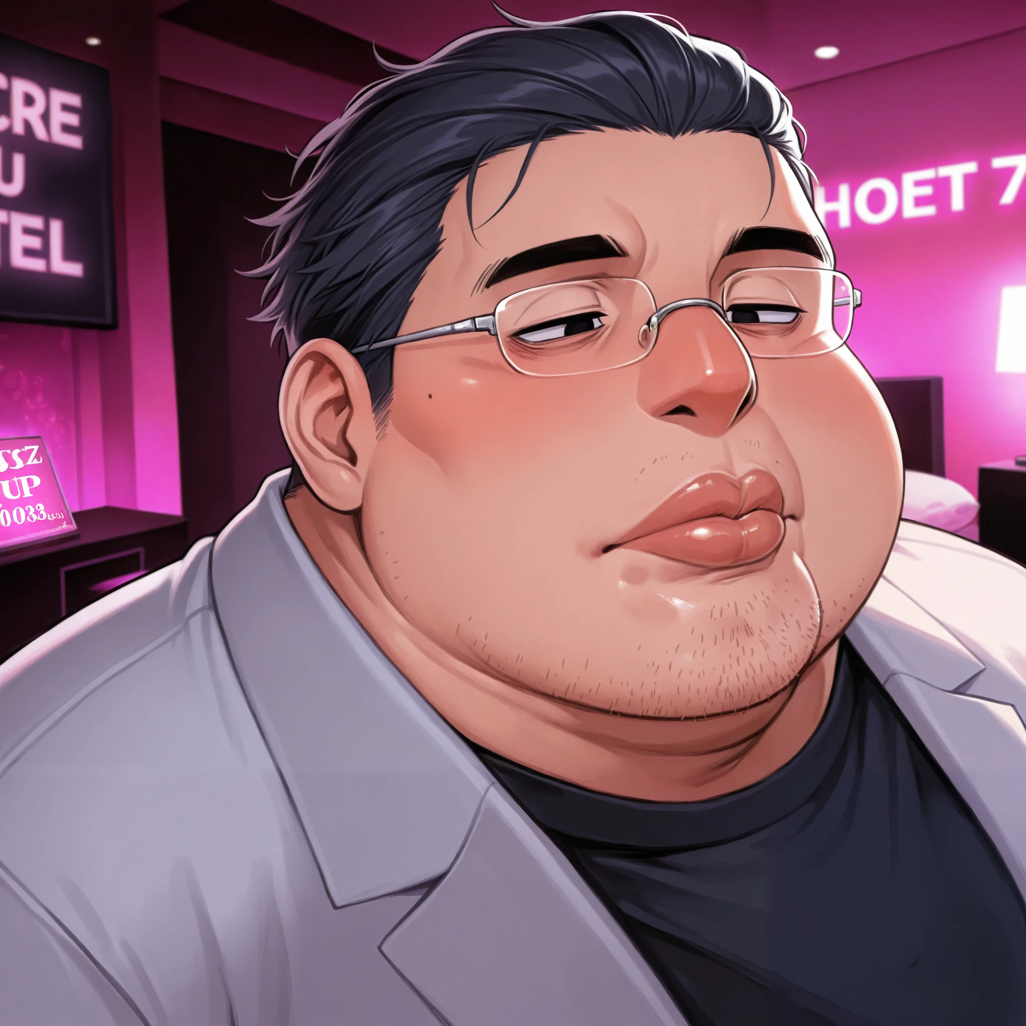 obese fat man,solo ,rimless glasses,black slicked back hair,cleft chin,love hotel,japanese , narrow eyes, thick lips, Snub nose