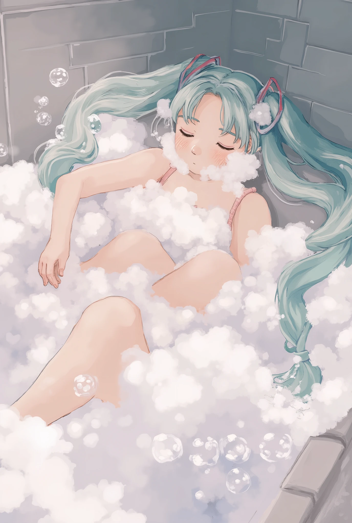 ( masterpiece、 top quality、 top quality、 Official Art、 beautiful and beautiful :1.2)、( one girl:1.3) Hatsune Miku、 twin tails, beautiful breasts, pros, by Nomi, girl lying in the bathtub taken from above, she's facing the front , scooping bubbles with her hands , posing blowing bubbles 、She's nude , her body is hidden in bubbles ,She is taking a bath, she has beautiful makeup , A bathtub full of bubbles , A picture of bubbles flying in the foreground , SFW censored with soap bubbles, intricate and detailed
