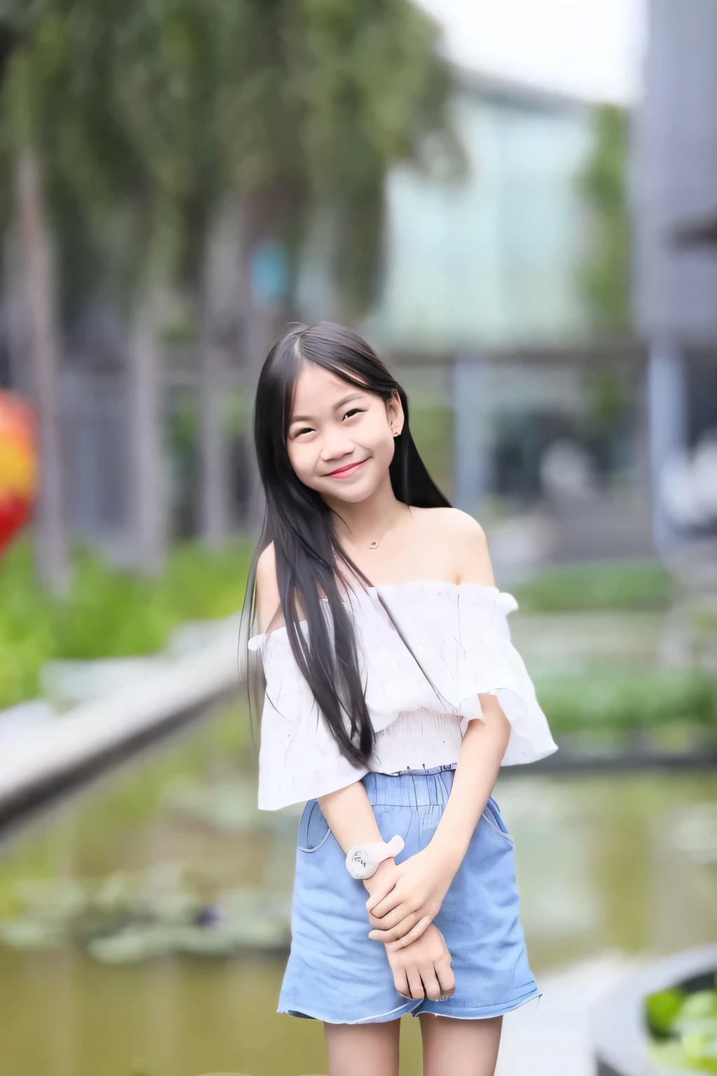 Arafed asian girl in a white top and blue skirt posing for a picture ...