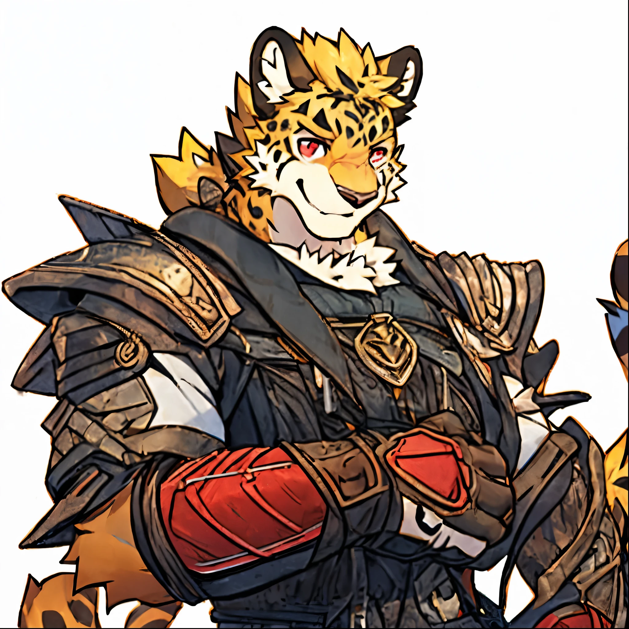 Simple, blushing, juvenile, golden fur, golden hair, leopard, red eyes, wearing white armor