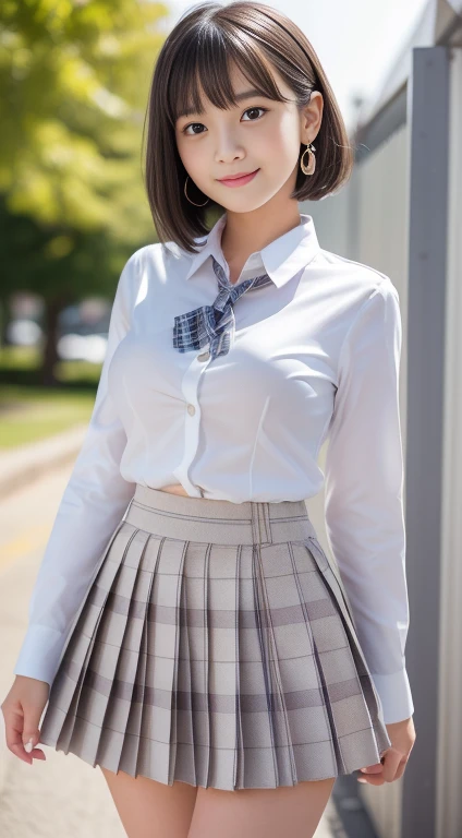 masterpiece, top-quality, hight resolution, kr1, brown-eyed, (cute sidebangs), kibito high school uniform, skirt by the, Sweaters, pleatedskirt, socks, small , Slouched, put hands on the hip, cute hip, (Beautiful and perfect legs), (Clean and perfect hands), (Detailed eyes and face:1.2, Professional photography techniques), (Detailed hands:1.1, The right move:1.2), (Tight waist:1.2), (Beautiful breasts)