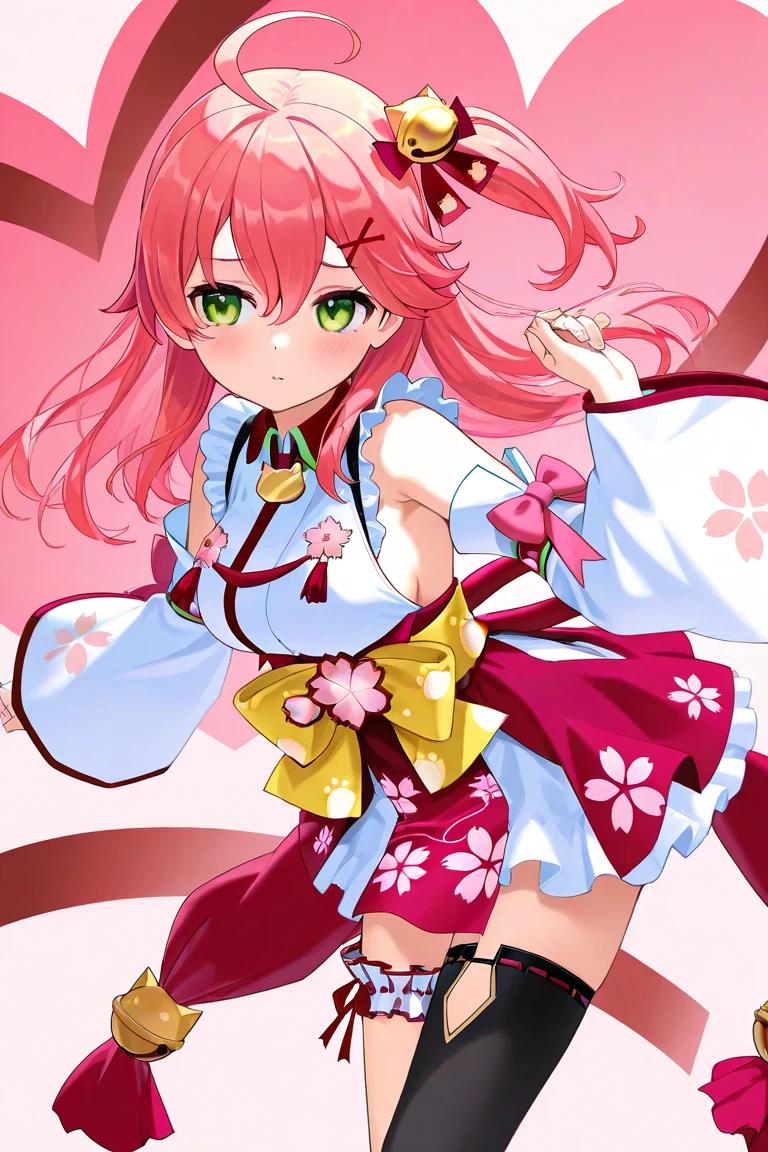 masterpiece, best quality, highres, miko1, sakura_miko, 1girl, green eyes, solo, ahoge, x_hair_ornament, pink_hair, floral print, hairclip,side_less_clothes, (sideboobs:1.4), hair_bell, floral print, long_hair, hair between eyes, one side up, white thighhighs, asymmetrical legwear, wide sleeves, open_mouth,happy,close_eyes, smile,jumping,rising_leg,plump,apart_legs,(overly_long_sleeves:1.1),(beautiful_fingers),sleeves_past_wrists,hands_hidden_sleeves,Japanese_park_background,