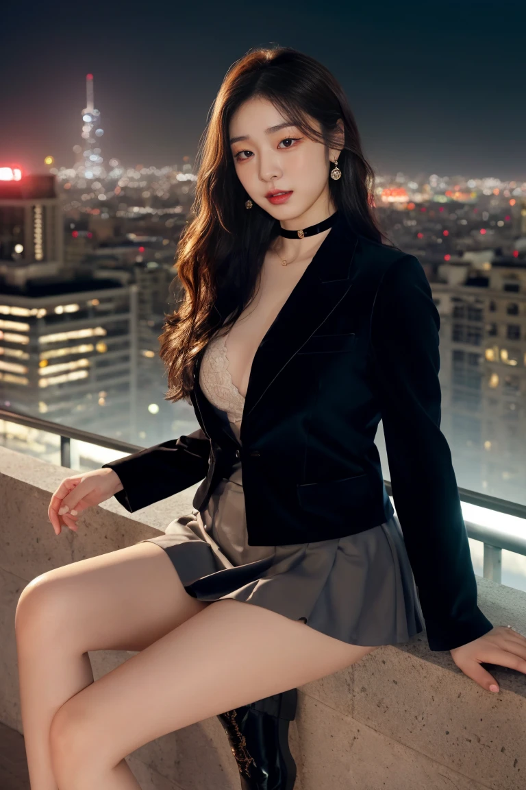 contemporary (cityscape city lights:1.2), night sky, dutch angle,
(1girl solo:1.2), cowboy shot (from above:1.2), looking at viewer, (confused:1.2),
walking on (magic circle:1.2) rooftop, face overlooking, skinny,
(black:1.1) medium hair, black (glowing eyes:1.1), head tilt, large breasts,
business suit, black open jacket pencil (skirt:1.1), black necktie on white shirt, thighs,