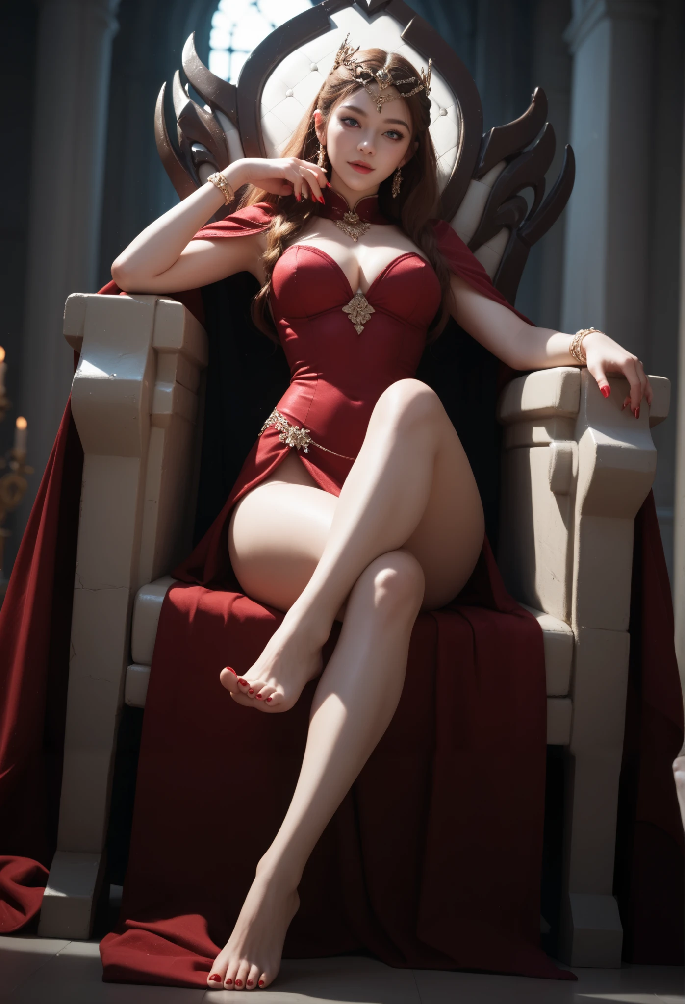 The image of the Goddess of Doom standing at an altar in a dimly lit temple creates a realistic and shaded image with the highest quality and detail,
The goddess is immensely beautiful and wears a bold, sensual dress that reveals her cleavage and thighs,
The goddess has long, dark, lustrous silver hair, fiery red eyes and a sensual smile,