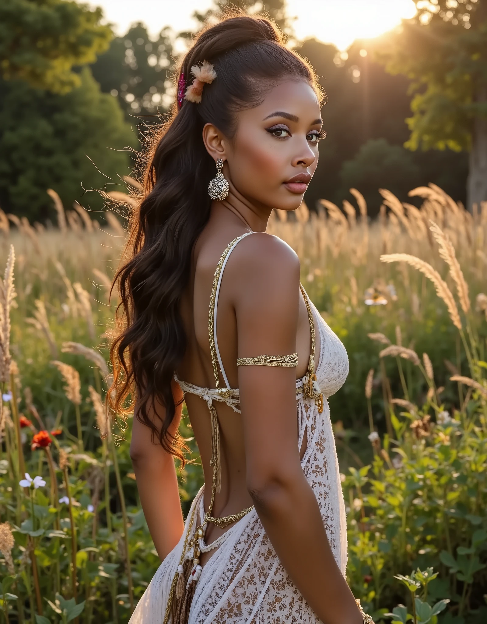 Phoenix Skye, A bohemian woman standing gracefully in a sunlit meadow, wearing a flowy, patterned dress with lace details and a leather belt. Her long, wavy hair is adorned with natural ornaments like feathers and flowers, complementing her layered textures of jewelry, including bangles, necklaces, and dangling earrings. The scene is bathed in earthy tones, with soft sunset filtering through the trees and highlighting her serene, dreamy expression. In the background, a mix of wildflowers and tall grass sways gently in the breeze, adding to the whimsical and natural atmosphere, side profile