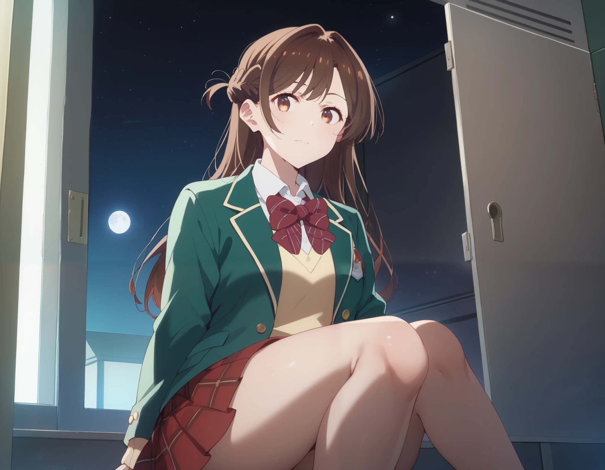 and stare at the viewer, Alone, Chizuru Ichinose, 1 girl, brown hair, long hair, French Braid , brown eyes, School, green jacket, yellow sweater , bow tie, plaid skirt that breaks small breasts, red skirt, Black Sox, In a completely dark room, locker, window_,Midnight circa 12:00 , Moon and Stars, close-up shot、Thick, puny thighs、 holding your knee