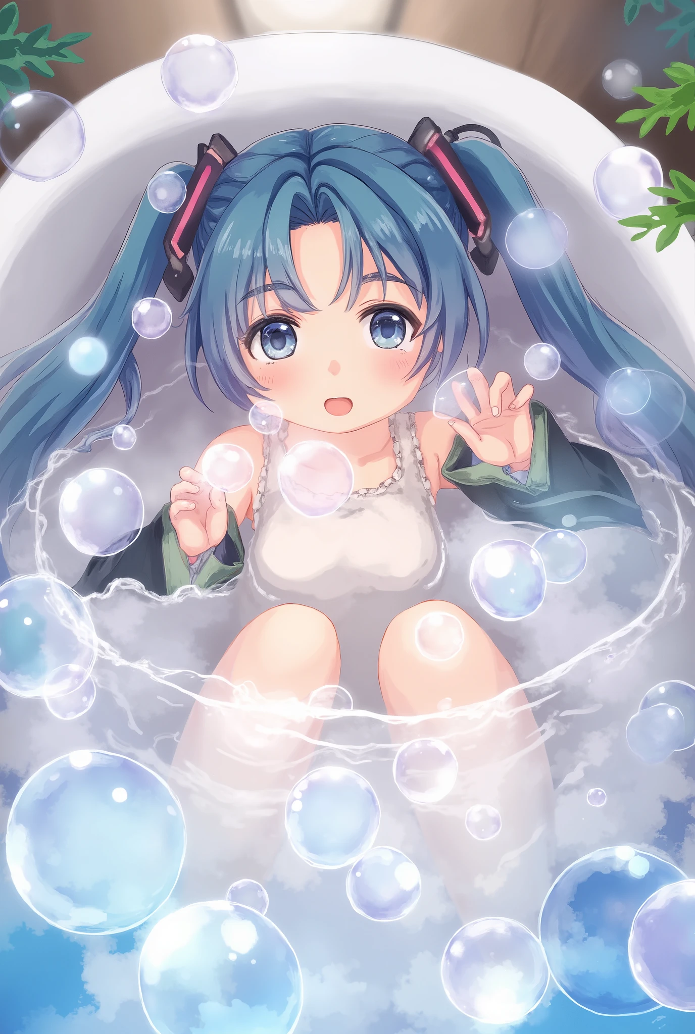 ( masterpiece、 top quality、 top quality、 Official Art、 beautiful and beautiful :1.2)、( one girl:1.3) Hatsune Miku、 twin tails, beautiful breasts, pros, by Nomi, girl lying in the bathtub taken from above, she's facing the front , scooping bubbles with her hands 、 she's smiling,Her body is hidden in bubbles ,She is taking a bath, she has beautiful makeup , A bathtub full of bubbles , A picture of bubbles flying in the foreground , SFW censored with soap bubbles, intricate and detailed