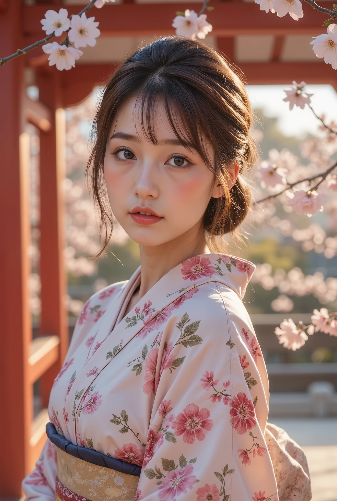Professional Lighting, (Photo by Nomi:1.4), (Top image quality:1.0), (super A high resolution:1.0), ( in Ruhua Street:1.4), 8k, Raw photosy, ( Masterpiece:0.2), (pureerosface_v1:0.5), (最高 quality Detail:1.2), by Nomi, 8k uhd, high resolution, ( 1 girl:1.2), super detailed, High quality textures, intricate details, VERY DETAILED CG , High quality shadows, Detail Beautiful Delicate Face Wearing Black Leather Outfit , Beautiful Delicate Eyes , ( symmetrical eyes:1.2), depth of field, ray tracing, Japanese girl, (Natural smile:1.4), cute, slender, Portrait of a beautiful Japanese woman wearing a kimono , Standing in a graceful pose at a traditional shrine, Kimono has vivid traditional patterns , gentle expression, (With the shrine in full bloom as a backdrop:1.4), taken at an angle from above , The soft light of a spring afternoon, Adding tranquility to the scene, ((A little wind is blowing, hair fluttering , And the cherry blossom petals flutter:1.4)), Render in a by Nomi style with meticulous attention to detail, high resolution, magic hour , ( by Nomi:1.3), Detailed, quality, ( Masterpiece:1.2), (Photo by Nomi:1.2), (最高 quality), ( intricate details), dramatic, ray tracing, photos, ((( highly revealing ))), ((smile)),