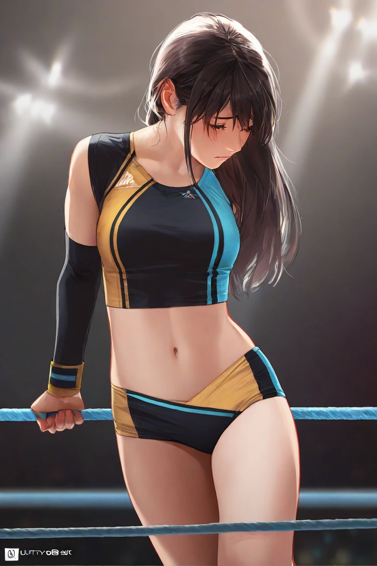 A girl is posing for a photo, cute女の子, Enchanting girl, Anime Girls, 
(((One Girl, Baby Face, cute, ))), 

(Serious expression、Open your mouth),  
(noon、(Sweat flying、Fitness、Professional wrestling venue、Pro wrestling)), ((battle、Fighting Pose、Aggressive Pose、Cowboy Shot))
BREAK 

(Black Hair, Forehead、Long Straight Hair), (Red eyes, Very droopy eyes), 

Female wrestler, (((Blue Sports Bra、Blue sports pants、Knee support、Elbow Support、Fingerless gloves)))、
BREAK 

(Symmetrical facial features, Perfect Face), (Beautiful breasts, (Ｃcup)), 
Beautiful body, Beautiful clavicle, Beautiful thighs, Beautiful feet, Perfect round butt, (Beautiful fingers), (((Detailed skin, Oily skin, Textured skin, Beautiful Skin))), 

Double eyelids, Long eyelashes, 
(Expression of fine eyes, Beautiful and delicate eyes, Sparkling eyes, Eye Reflexes), 
(Beautiful Nose,Thin Nose), 
(Glossy Lips, Beautiful Lips, thick lips), 
(Beautiful Hair, Shiny Hair, Shiny Hair)), 
BREAK 

(((highest quality)), ((masterpiece)), (Very detailed), (High resolution), (Beautiful detailed sparkle), (High detail), (Anatomically correct)), ((Realistic)), 
(The best CG), Ultra-detailed art, CG illustration, (16k, 1080P), Oil paints, 
