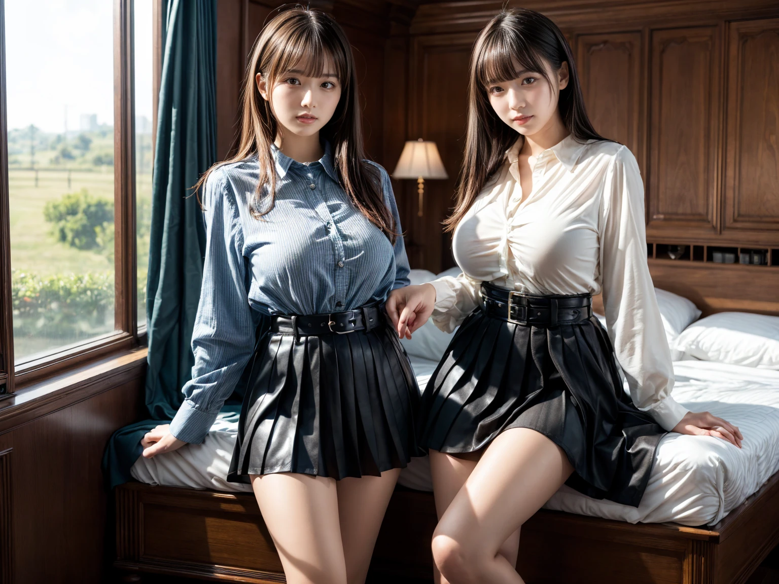 masterpiece, best quality, illustration, Super detailed, fine details, High resolution, 8K,wall paper, perfect dynamic composition,(Details High quality, realistic depiction of eyes:1.3), (2 girls), holster, bobby, Cutter shirt, a belt, suspenders, pleated skirt, garterbelts, knee high Stockings, sitting, open legs, short bob hair, in a hotel room in the background, deep on field, large breasts, black hair color, Big Natural Color Lip, (perfect body shape), crying a little、Harajuku style、20 year old girl、cute type、beautiful legs, Gravure Idol